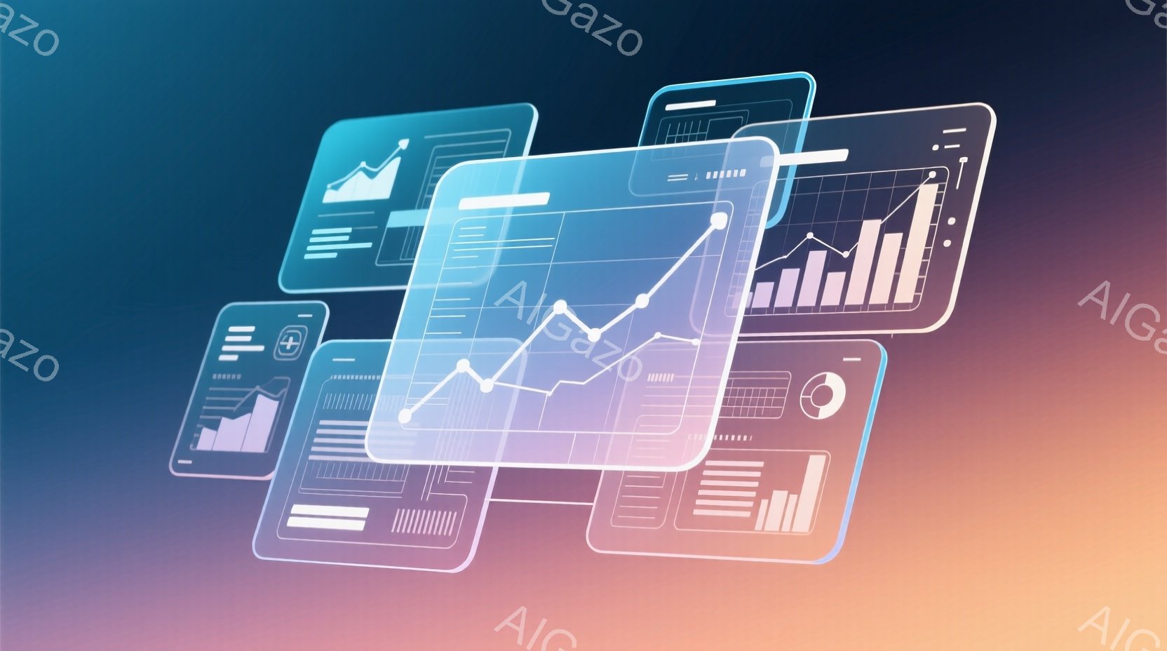 複数の白い、光沢のある長方形の画面が、互いに重なり合い、角度をつけて配置されています。各画面には、棒グラフ、円グラフ、折れ線グラフなどのデータ視覚化が表示されており、ビジネスや金融分析に関連する情報を示唆しています。背景は、オレンジと紫が混ざり合ったグラデーションで、全体的にモダンでテクノロジーを連想させる雰囲気です。