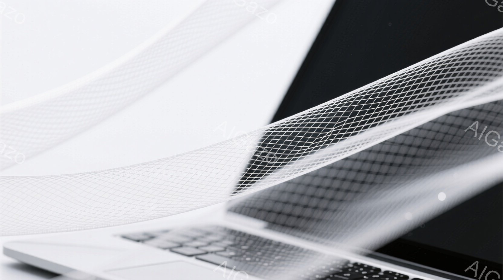 白い背景に、開いたノートパソコンが写っている。画面にはグリッド状のパターンが表示され、そのパターンが曲線的に広がり、まるで紙を何枚も重ねたように見える。全体的にミニマルでモダンな印象を与える、抽象的なイメージである。