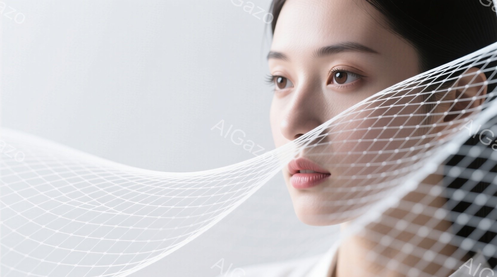 鮮やかな白背景に、アジア系の女性が写っている。彼女は白い襟付きのシャツを着ており、黒い髪は後ろでシンプルにまとめられている。顔の前には、光沢のある白いグリッド状の線が流れるように重なり合い、未来的で神秘的な雰囲気を醸し出している。