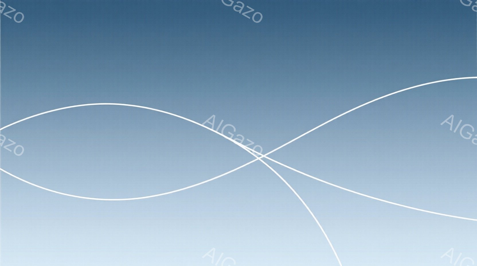 この画像は、淡い青色のグラデーションが広がる背景に、白い曲線がいくつか描かれた抽象的なものです。曲線は交差しており、空中に漂うような印象を与えます。全体的に穏やかで静謐な雰囲気が漂い、ミニマルながらも洗練された印象を与えます。