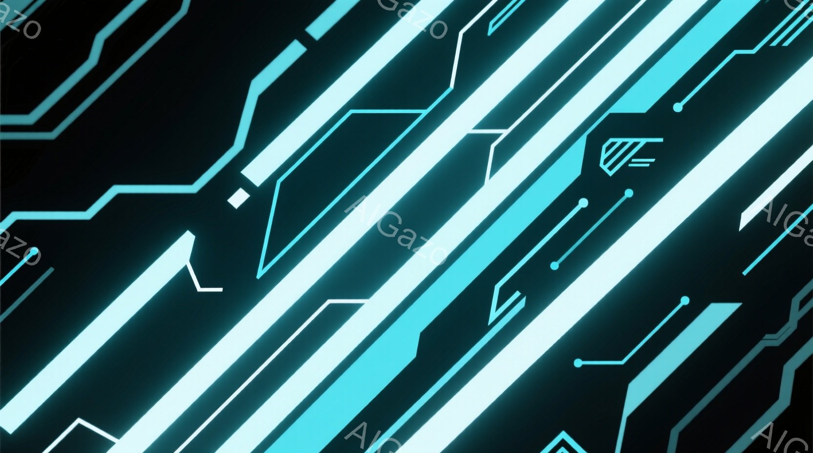 鮮やかなターコイズブルーの光が、暗い背景に斜めに走る回路のようなパターンを描き出しています。線は太く、細く、角度を変えながら、まるで未来的な都市のネオンサインのようにも見えます。全体的に、クールでテクノロジーを感じさせる、洗練された雰囲気です。