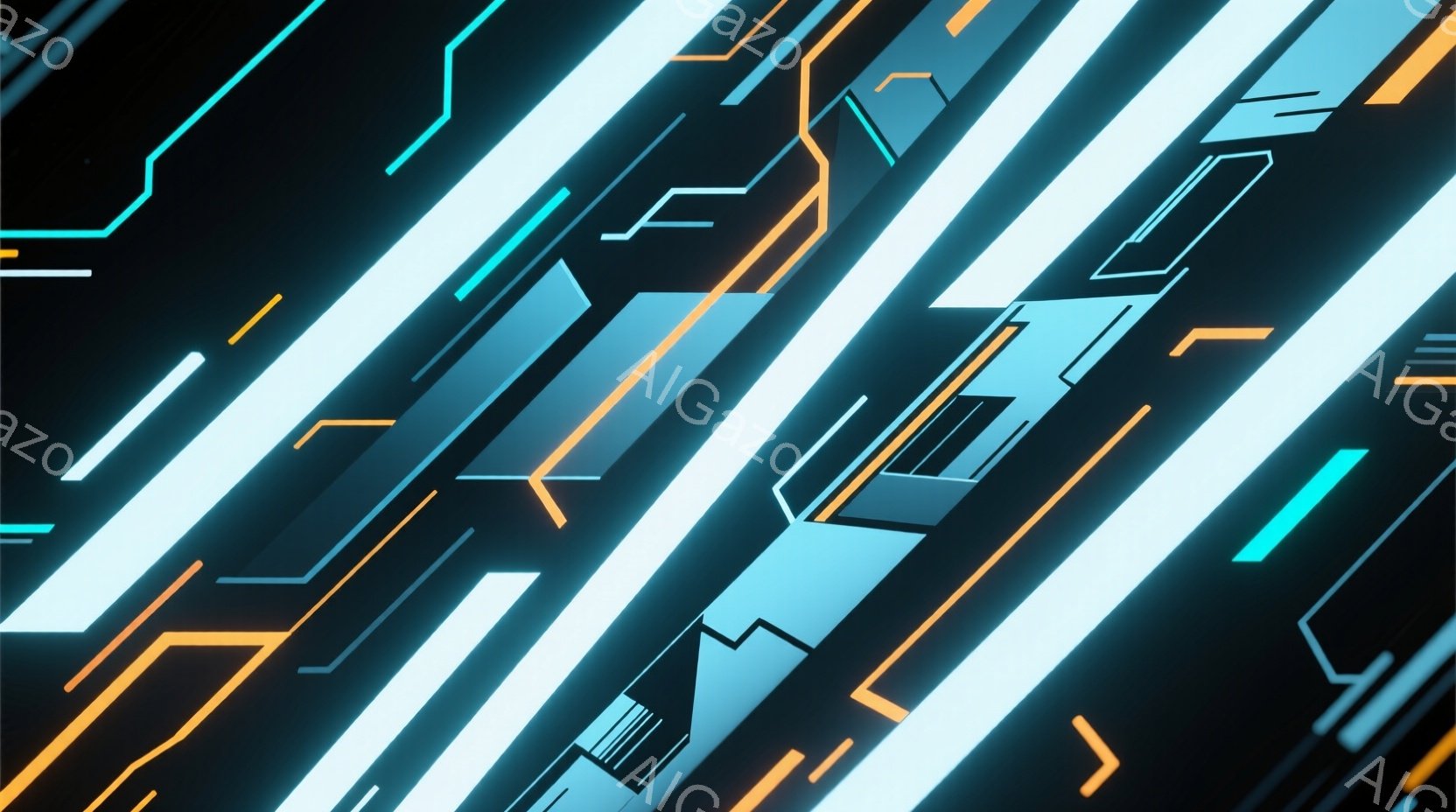 鮮やかなネオンカラーのラインが、暗い背景を斜めに交差する抽象的なデジタルアート作品です。白、青、オレンジのラインは未来的な回路やエネルギーの流れを連想させ、洗練されたサイバーパンクのような雰囲気を醸し - AI生成フリー素材