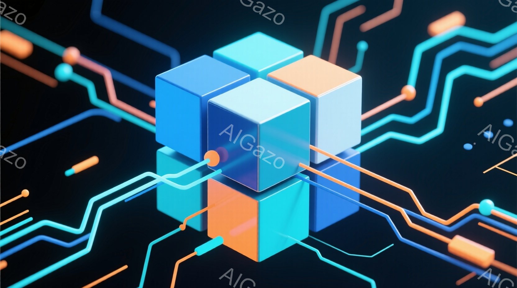 鮮やかなターコイズブルーの立方体が複数、複雑に絡み合って配置されている。背景は漆黒で、ネオンブルーとオレンジ色の流線形の線が、まるで回路基板のように立方体を結びつけている。全体として、未来的なテクノロジーやデジタルネットワークを連想させる、洗練された抽象的な雰囲気である。