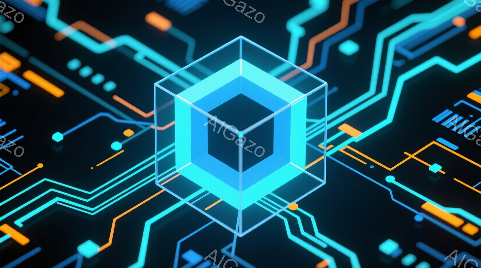 鮮やかなターコイズブルーの線で構成された立方体が、黒色の背景に浮かび上がっています。立方体の周りには、オレンジ色と水色の細い線が複雑な回路のように広がり、未来的なテクノロジーのイメージを想起させます。 - AI生成フリー素材