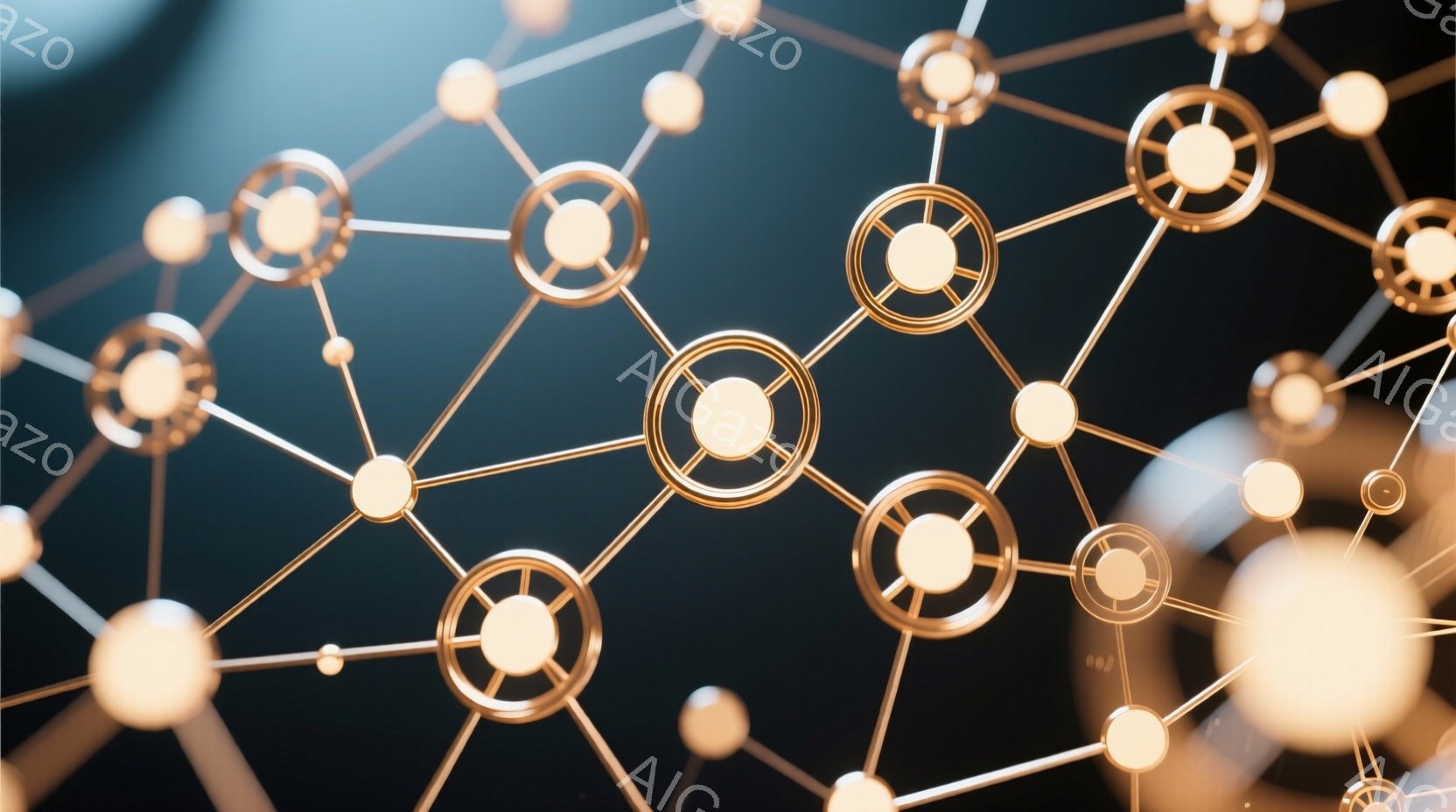 複雑なネットワークが、暗い背景に浮かび上がっています。光沢のある金属のような線で結ばれた球体は、温かい光を放ち、まるで分子構造やニューラルネットワークを連想させます。全体的に、科学的で未来的な雰囲気を醸し出しています。