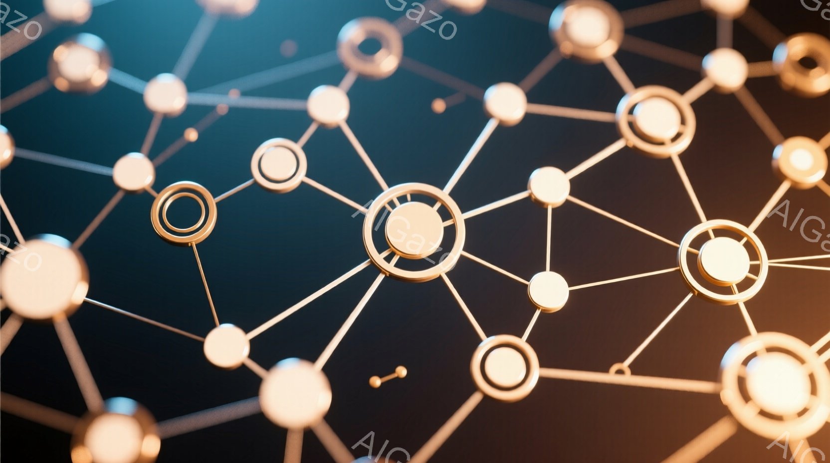 鮮やかな光沢のある球体と細い線が複雑に絡み合い、ネットワークを形成している抽象的な画像です。球体は明るいオレンジ色と白で、光を反射して輝いており、背景は濃い青から黒へのグラデーションで、未来的な雰囲気 - AI生成フリー素材