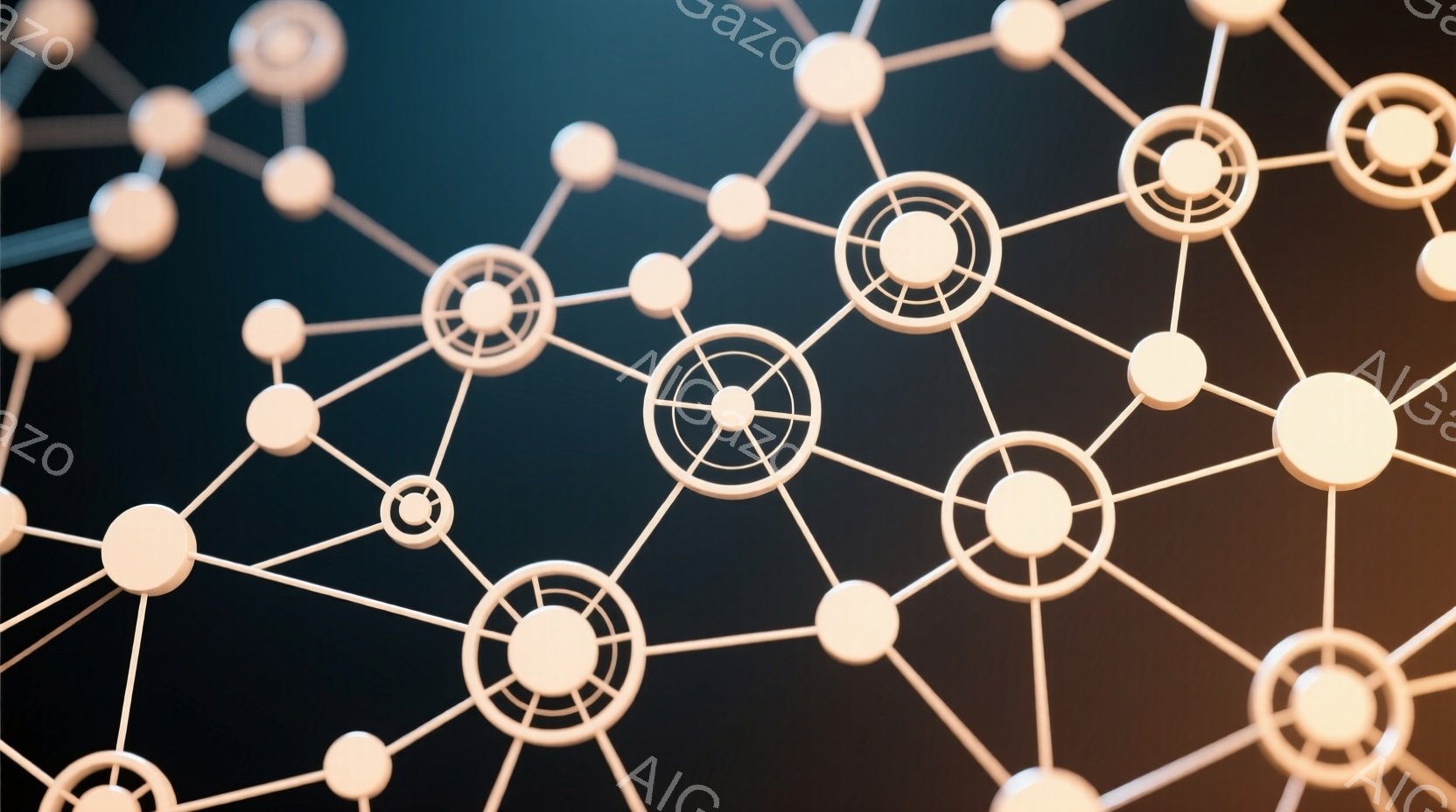 暖色系のグラデーションが背景に広がり、その上に白く光る線と球体で構成されたネットワークが描かれています。球体には同心円状の溝が刻まれており、未来的な印象を与えます。全体的に抽象的で、繋がりや情報の流れ - AI生成フリー素材