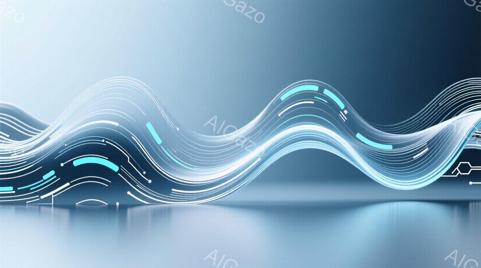 鮮やかなターコイズと白の線が、まるで光の波のように流れる様子が描かれています。これらの線は、なめらかで曲線的な形状を描き、光沢のある反射面の上に配置されています。全体として、未来的なテクノロジーやエネ - AI生成フリー素材