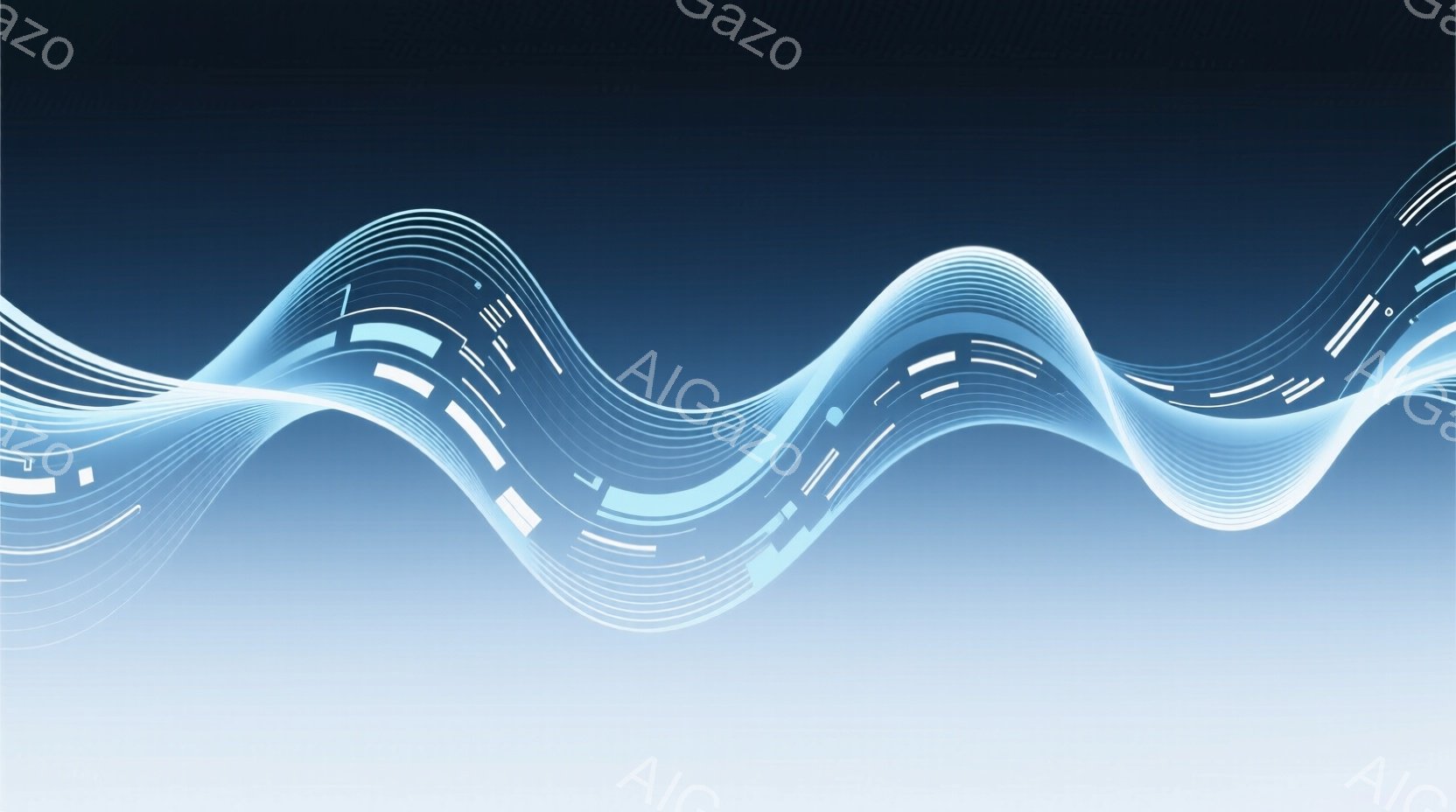 この画像は、青と白のグラデーションを背景に、波のような光の線が多数並んだ抽象的な表現です。光の線は、水平方向に伸びており、まるで音波やエネルギーの流れを視覚化したような印象を与えます。全体的に未来的な - AI生成フリー素材