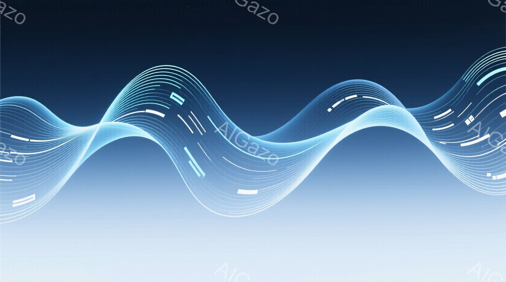 この画像は、青と白のグラデーションを背景に、光の線が波状に流れる抽象的な表現です。光の線はまるでエネルギーの流れのようで、未来的な印象を与えます。全体として、静かで穏やかな雰囲気でありながら、ダイナミ - AI生成フリー素材