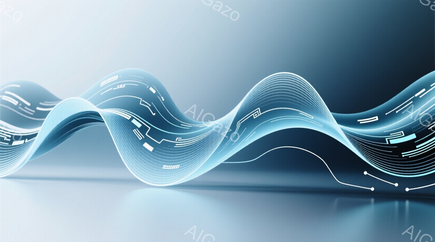 鮮やかな青色の光の波が、滑らかな曲線を描きながら画面上を流れています。波の内部には、まるで回路のような細い白い線が走り、未来的な印象を与えます。背景はグレーのグラデーションで、光の波が際立っています。 - AI生成フリー素材