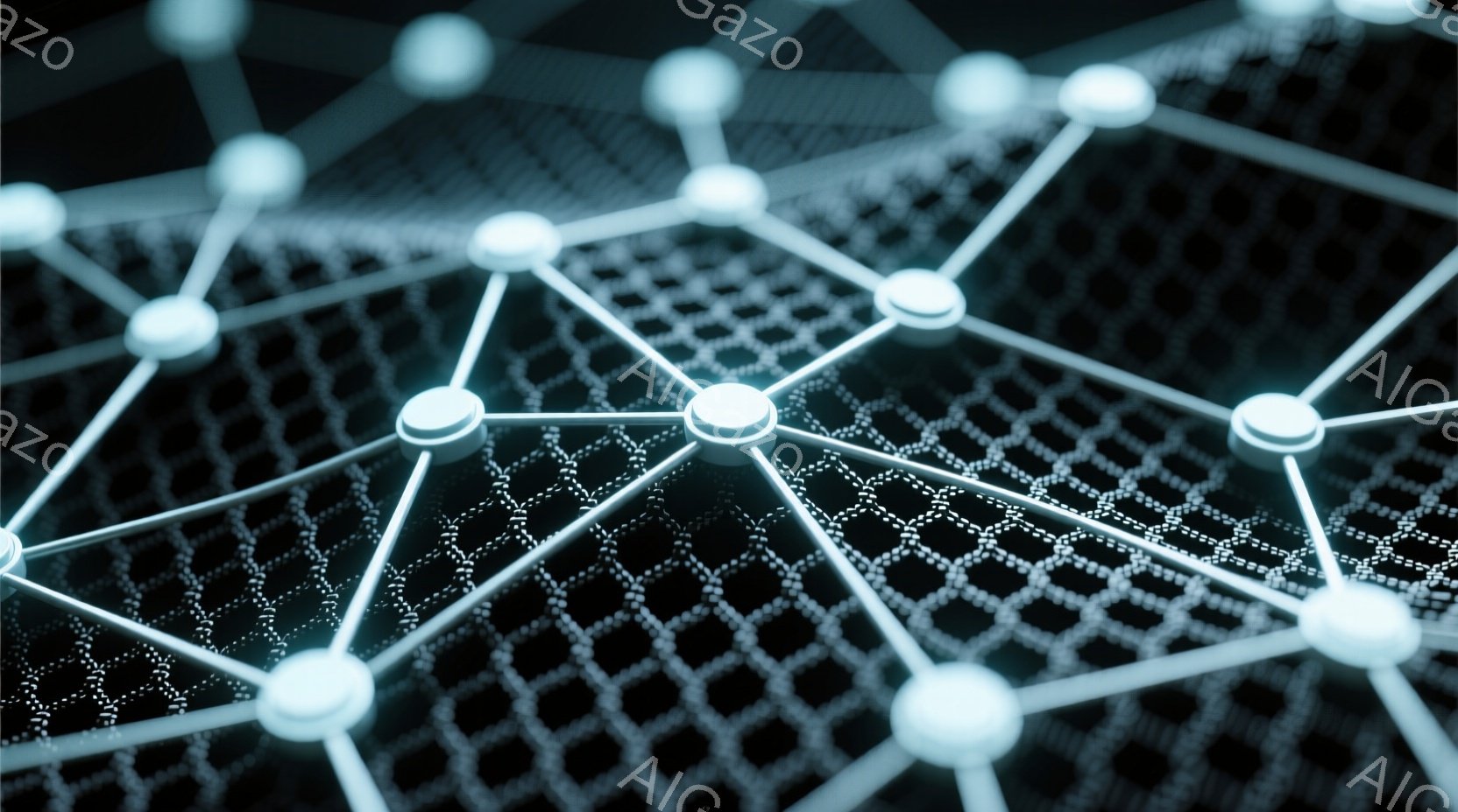 画像は、六角形の網目状構造をクローズアップしたもので、光沢のある白い球体が各交点に接続されています。背景は暗いグレーで、細かいテクスチャが施されており、まるで暗闇に輝く分子構造のようです。全体的に、科学的で未来的な雰囲気を醸し出しています。