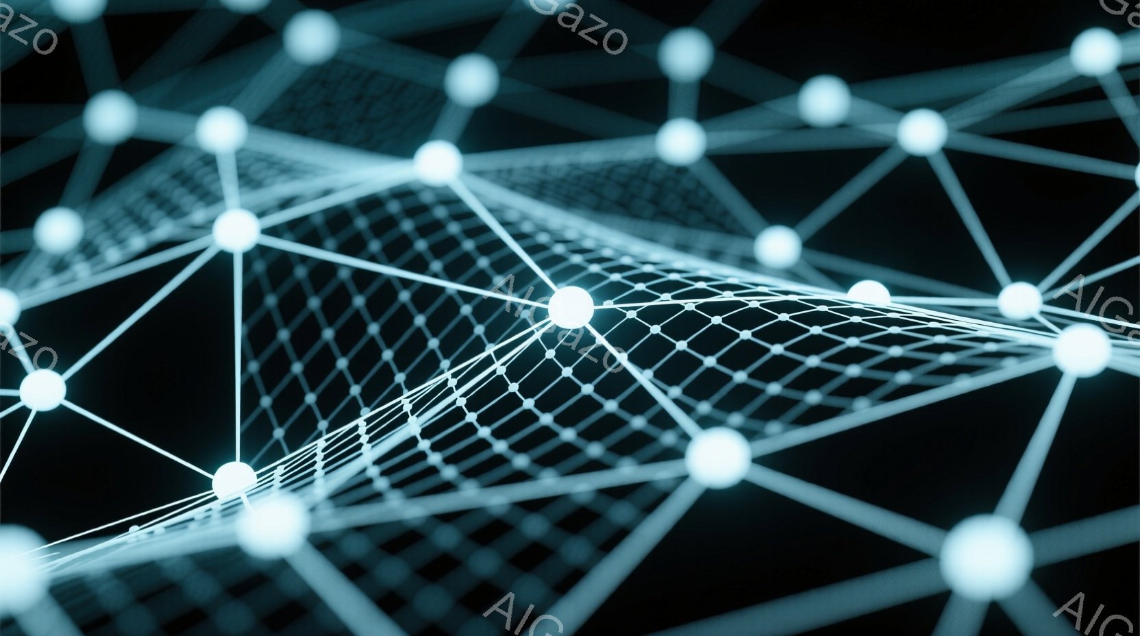 この画像は、暗い背景に浮かぶ、光る白の点と線で構成されたネットワーク状の抽象的な表現です。線は点と点を結びつけ、複雑な三次元的な構造を作り出しています。全体的に未来的な、技術的な雰囲気で、データや接続 - AI生成フリー素材