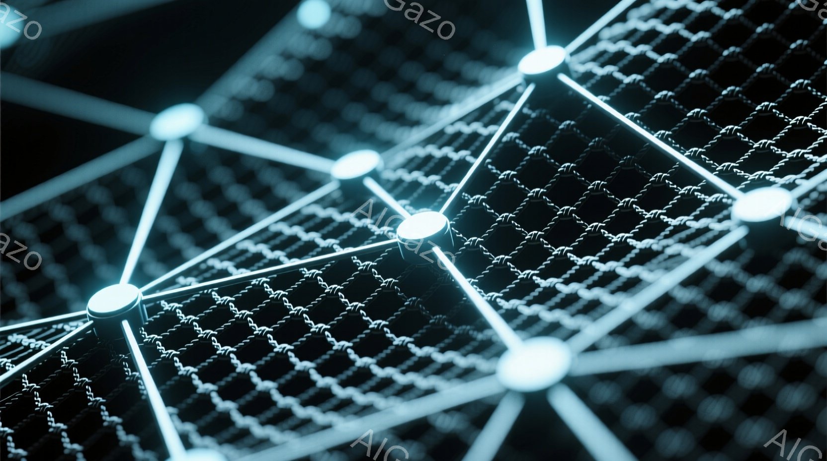 鮮やかな光を放つ球体が、細い白い線で複雑に繋がれたネットワークを形成している様子が描かれている。背景は暗く、ネットワークの構造が際立っており、未来的なテクノロジーやデータ接続を想起させる。全体として、静かで神秘的な雰囲気であり、無限に広がる情報空間を表現しているように見える。