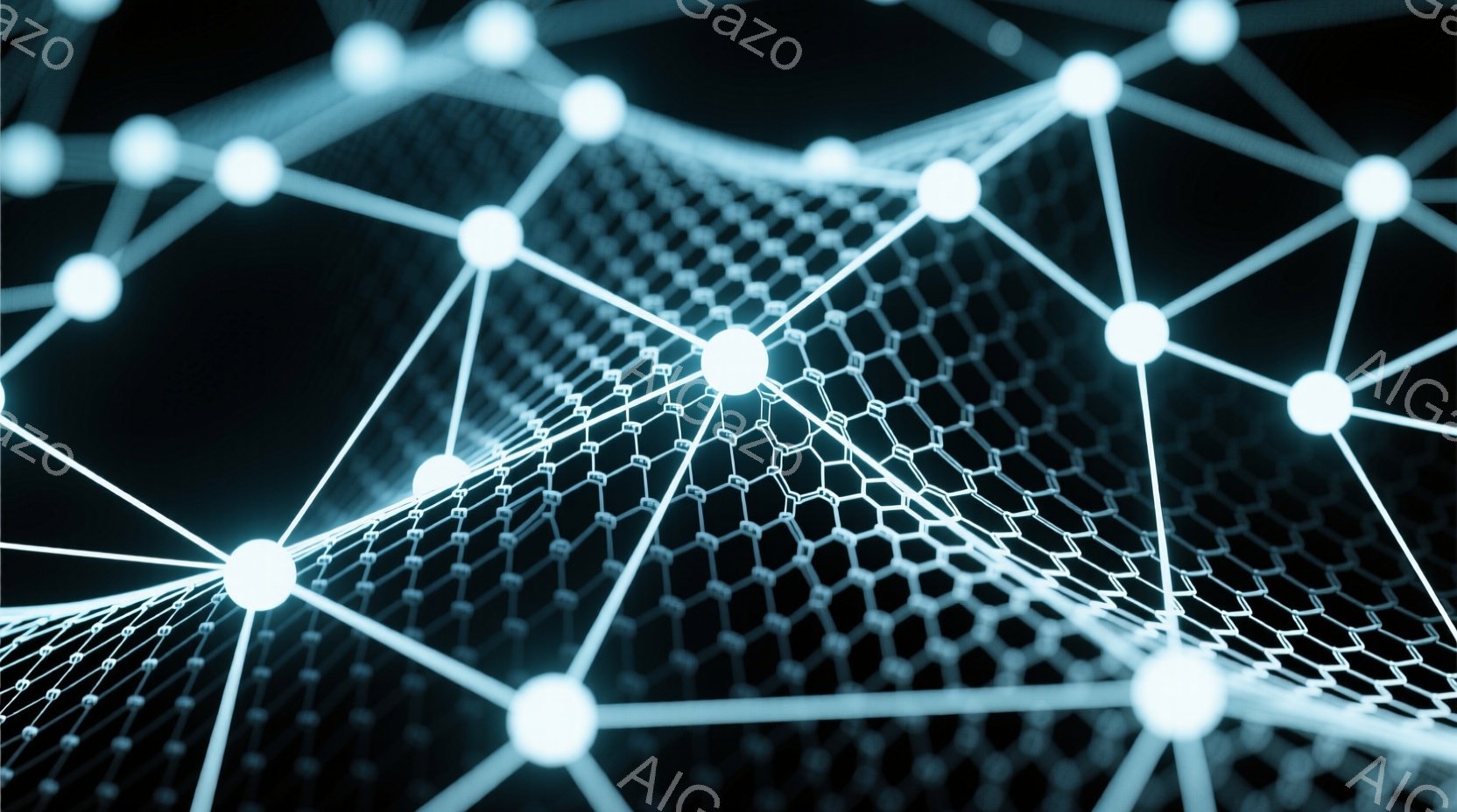 漆黒の背景に、発光する白いドットが網目状に繋がった構造体が浮かび上がっています。その構造は、まるで炭素原子が六角形に結合したグラフェンのような形状をしており、未来的なテクノロジーや科学を象徴しているようです。光の強弱や角度によって、奥行きと立体感が強調されています。