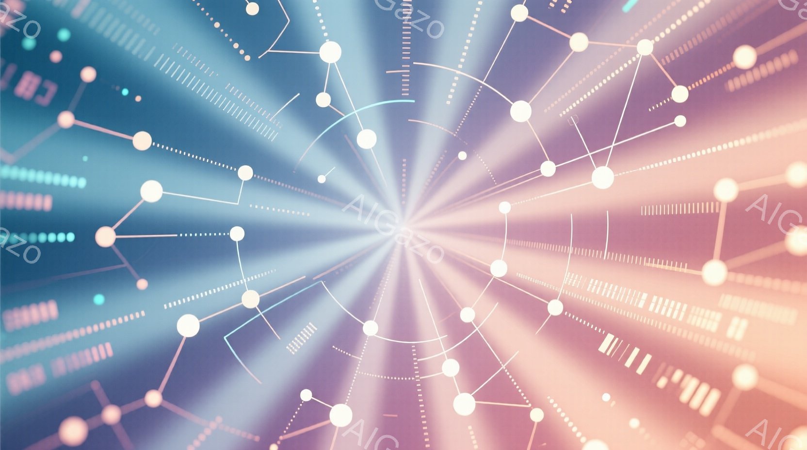 この画像は、中心から放射状に広がる光の線と、それらを結ぶ点群によって構成された抽象的な表現です。背景は、青と紫が混ざり合ったグラデーションで、未来的なデジタル空間を想起させます。全体として、ネットワークや接続、あるいはエネルギーの流れを象徴するような、神秘的で洗練された雰囲気です。