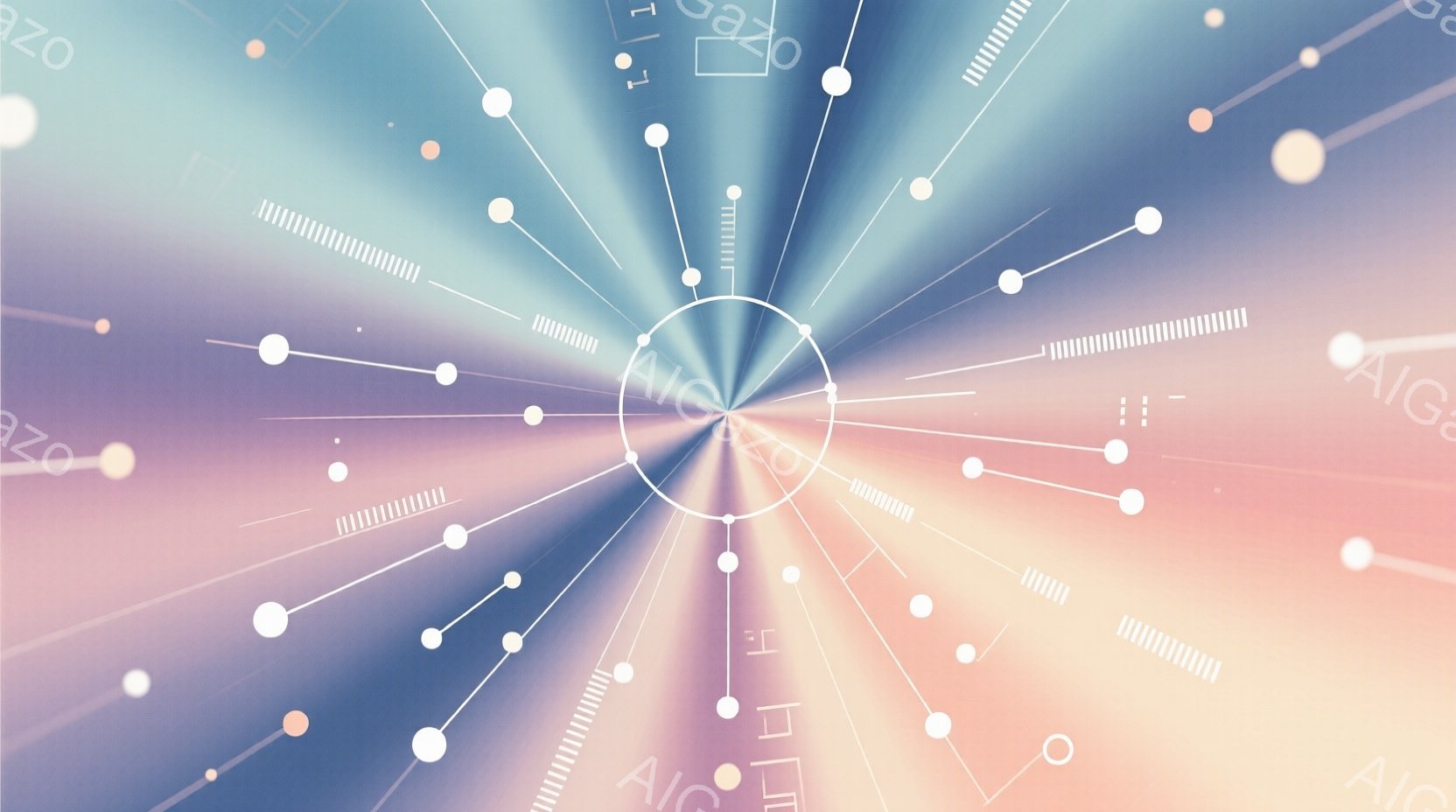この画像は、中心から放射状に広がる線と円で構成された抽象的なデザインです。淡い紫、ピンク、オレンジが混ざり合い、背景は柔らかいグラデーションを描いています。線は白く輝き、小さな白い円と、線上に配置された短い白い線で構成され、未来的なネットワークや接続を連想させます。