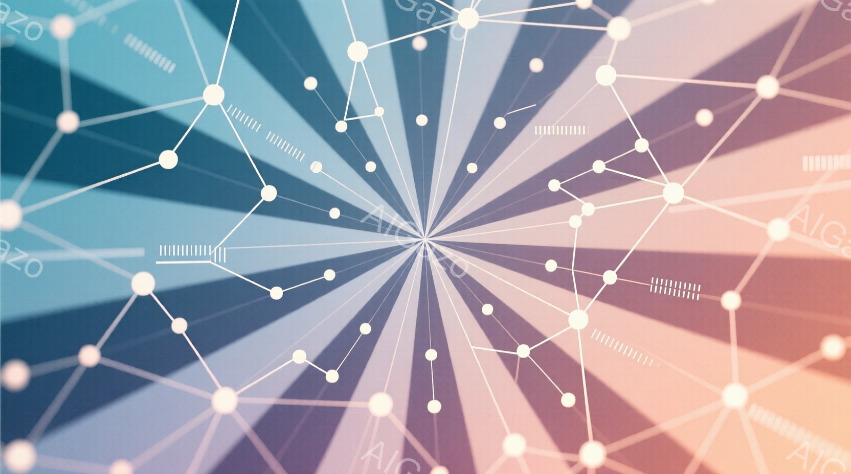 この画像は、中心から放射状に広がる線と、それらをつなぐ白い点によって構成された抽象的なデザインです。背景は、青からピンクへのグラデーションで、幾何学的な三角形が配置されています。全体的に、未来的なネッ - AI生成フリー素材