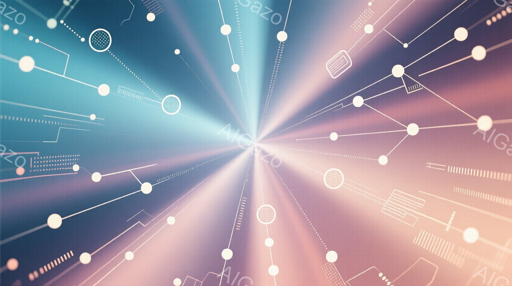 鮮やかなピンクと青のグラデーションが広がる抽象的な背景で、中心から放射状に白い線が伸びています。その線上には白い球体が配置されており、電子回路のようなパターンがところどころに見られます。全体的に未来的なデジタルネットワークやエネルギーの流れを連想させる、洗練された雰囲気です。
