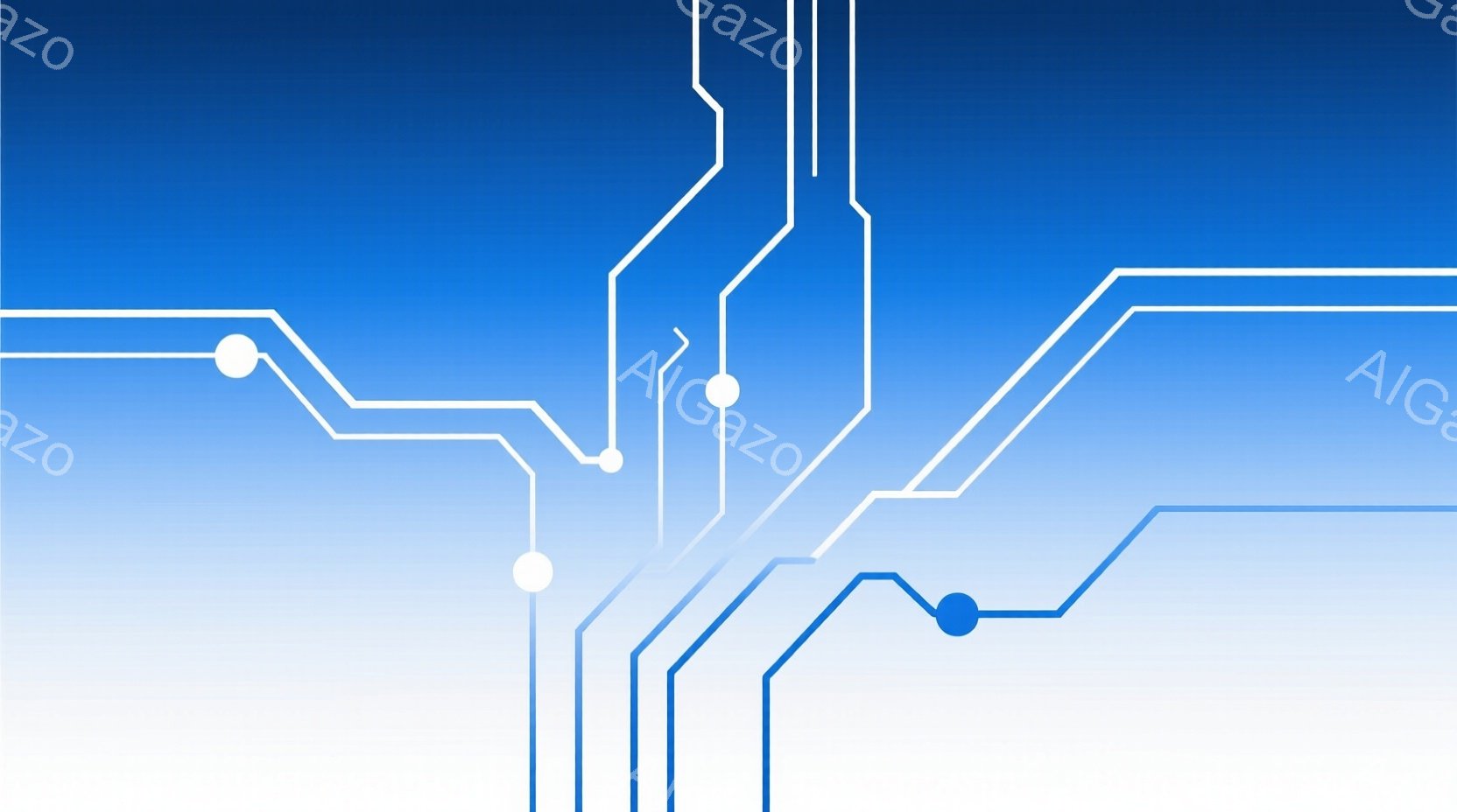この画像は、白と青のグラデーションを背景に、白い線と青い点が接続された回路図のような模様が描かれています。線は複雑に交差しており、未来的なテクノロジーやネットワークを連想させるデザインです。全体的にクールでミニマルな雰囲気で、洗練された印象を与えます。