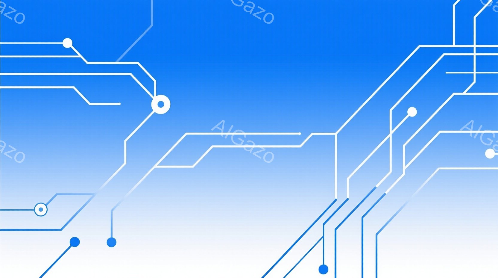 この画像は、青色のグラデーション背景に、白い線が回路のようなパターンを描いています。線は様々な方向に伸びており、円形のノードがいくつか配置されています。全体的に未来的で、テクノロジーを感じさせるデザイ - AI生成フリー素材