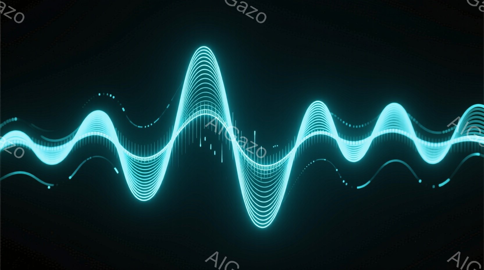 鮮やかな水色の波形が、暗い背景に浮かび上がっています。波形は複数の線で構成され、光を放っているように見え、まるで音やエネルギーの流れを視覚化したかのようです。全体的に未来的で、テクノロジーを感じさせる雰囲気です。