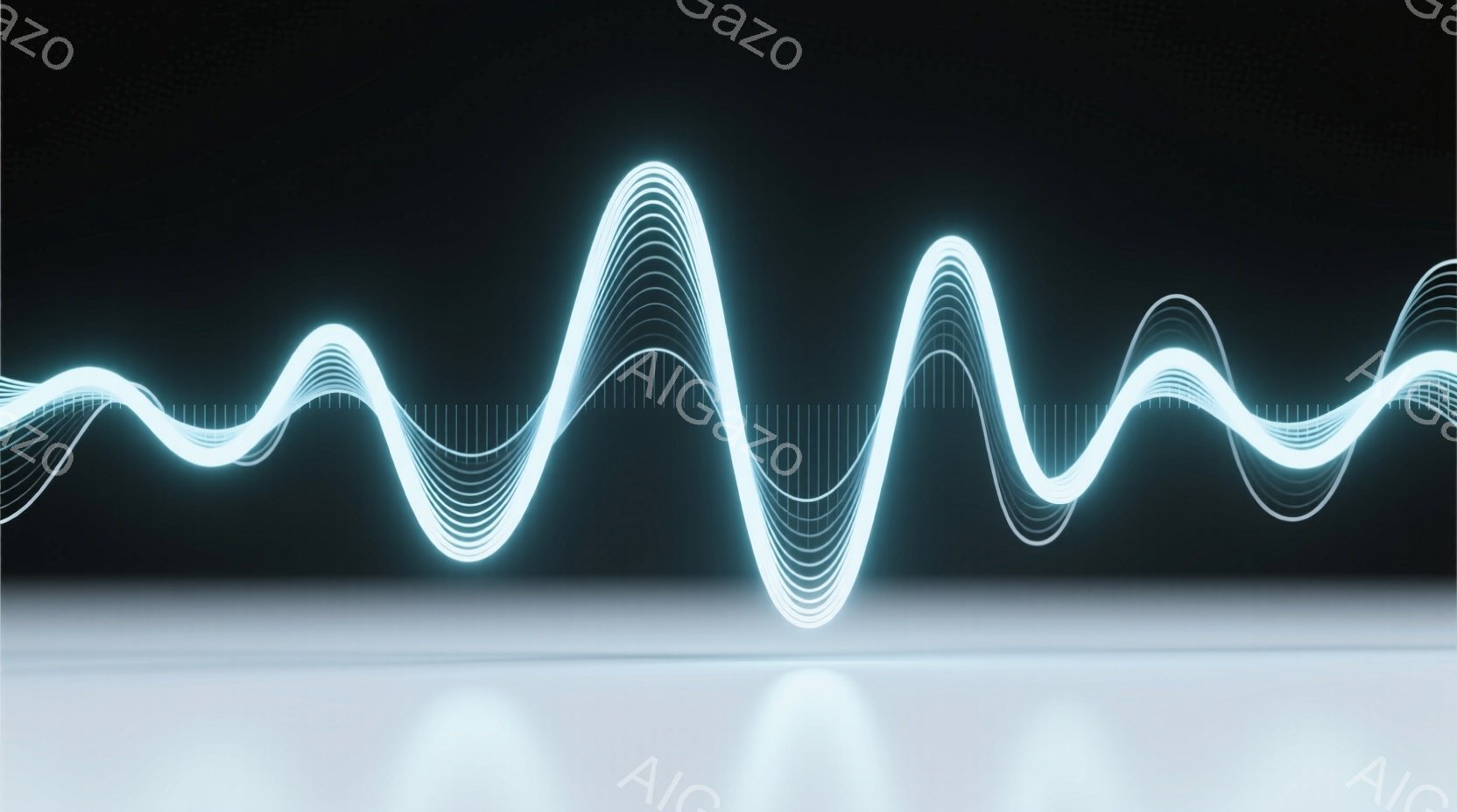 光の帯が波打つように空中に描かれ、まるで音波やエネルギーの流れを視覚化したかのようです。下部は白い反射面で、光の軌跡がより際立って見えます。全体的に未来的な雰囲気で、静けさと動きが共存する抽象的なイメージです。