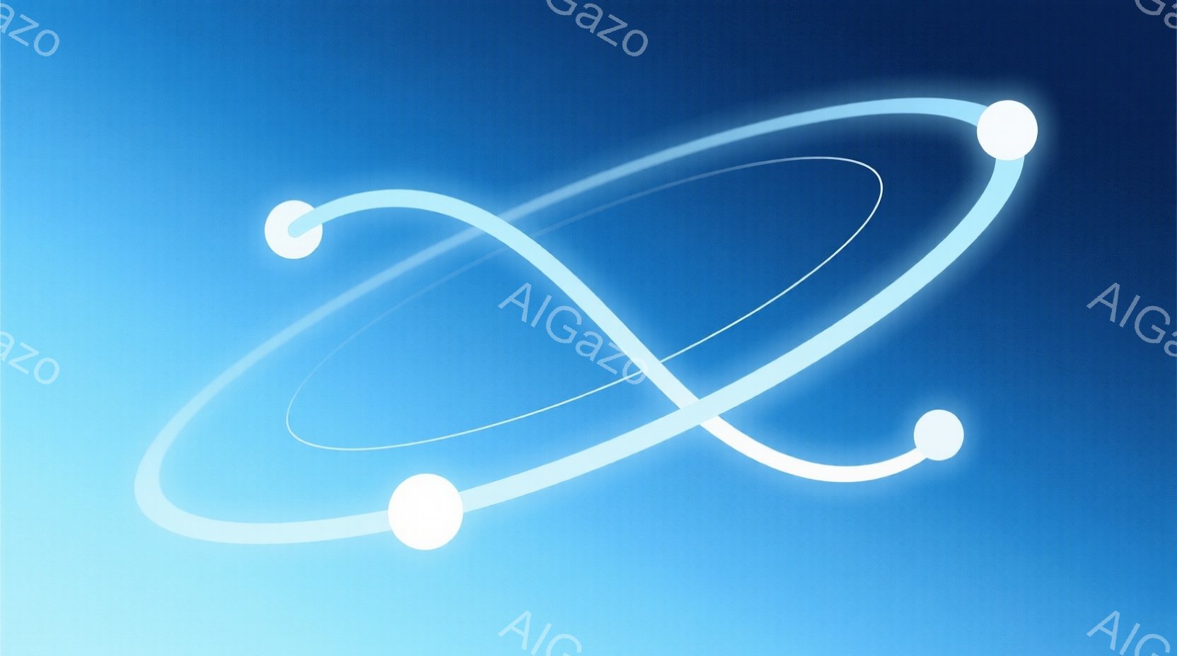 鮮やかな青色のグラデーションが背景に広がり、その中央に白い光の軌跡が複雑に絡み合った線を描いている。軌跡はまるで原子の軌道のように見える円状のラインが複数重なり、それぞれに白い光の球体が繋がっている。 - AI生成フリー素材