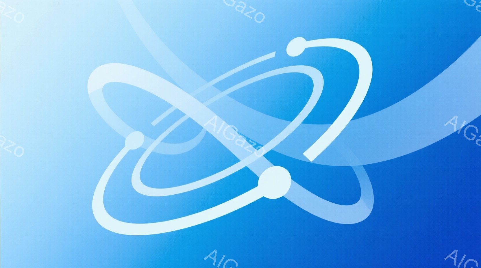 この画像は、鮮やかな青色のグラデーション背景に、白く光る原子模型のようなものが描かれています。複数の円が絡み合い、中心に白い球体が存在し、まるで電子が軌道上を周回しているような印象を与えます。全体的に未来的で科学的な雰囲気が漂っています。