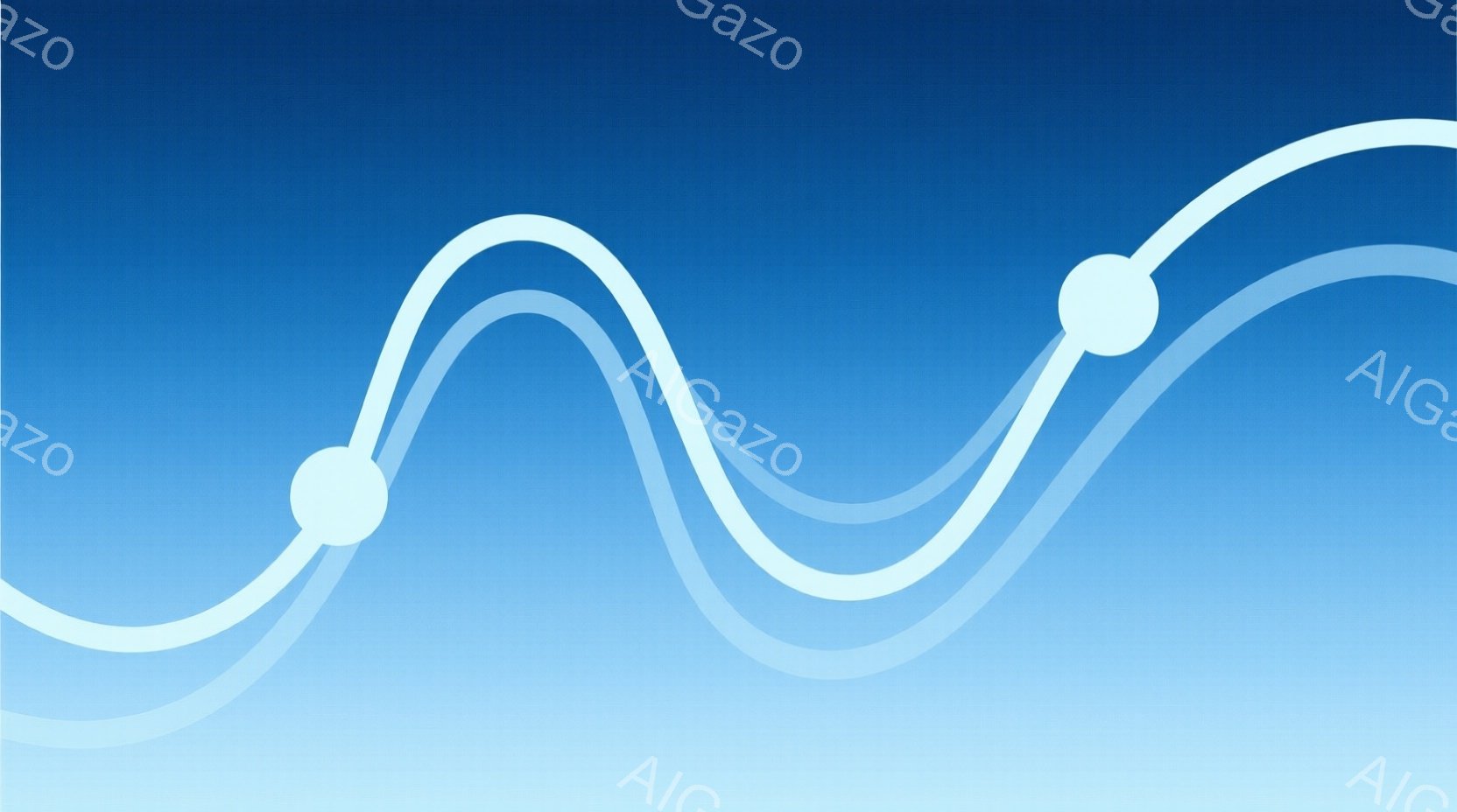鮮やかな青色のグラデーションを背景に、白い曲線が複数描かれています。曲線はそれぞれ太さが異なり、波打つように配置され、光沢のある球体がところどころに配置されています。全体として、シンプルでありながら流 - AI生成フリー素材