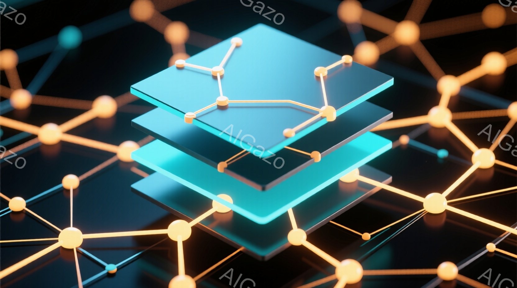 鮮やかなターコイズブルーの立方体が３つ積み重ねられ、その上に金色の線と球体で構成されたネットワークが配置されています。背景は暗く、ネットワークの線は立方体の周囲で複雑に絡み合い、未来的な印象を与えます。全体的に、デジタル技術や接続性を象徴する、洗練された抽象的なイメージです。