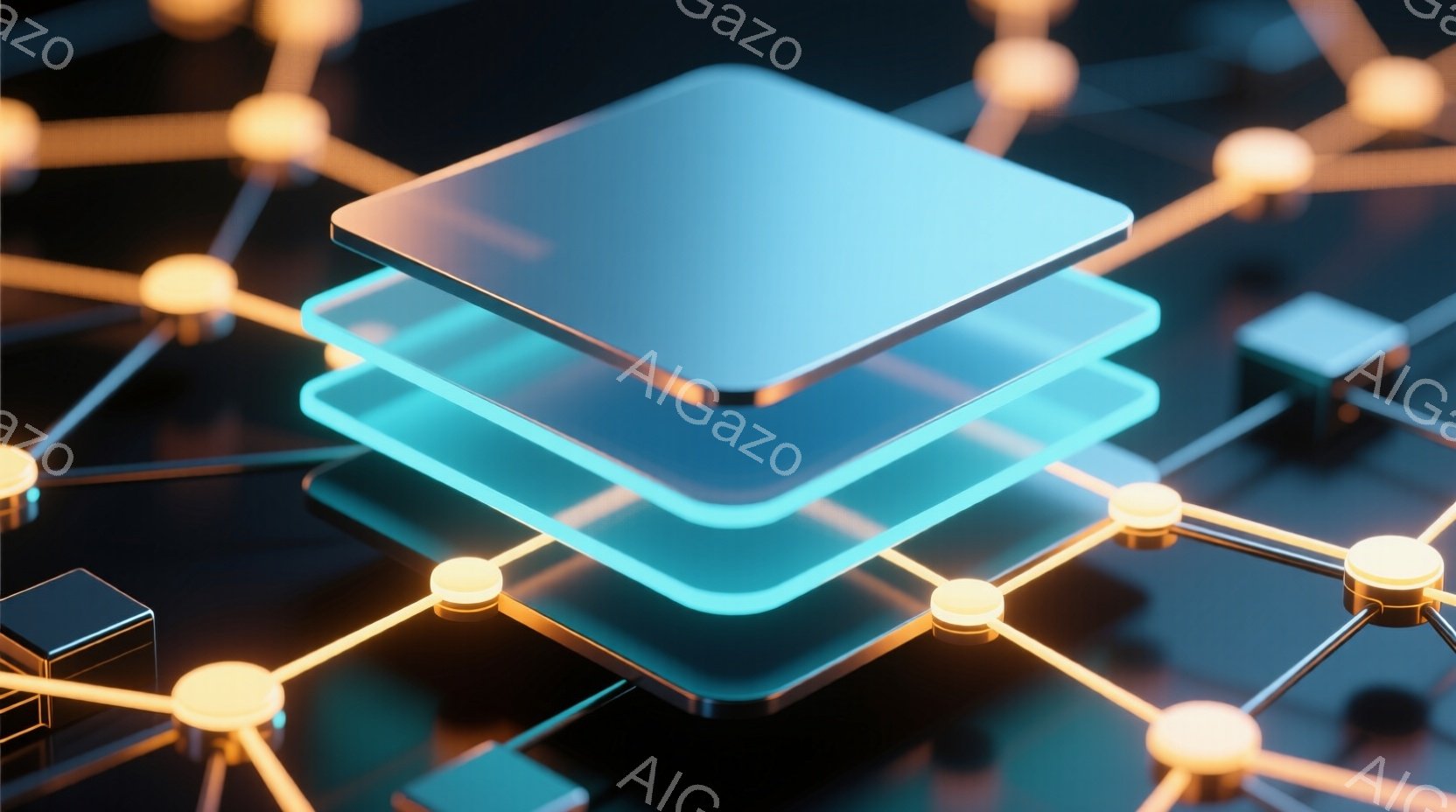 鮮やかなターコイズブルーの光を放つ四角形のレイヤーが、黒い背景の上に重ねられています。それらは金色の光る球体で結ばれたネットワークの一部であり、未来的なデジタル接続やデータの流れを表現しています。全体的に、スタイリッシュで洗練された、テクノロジーをテーマにした抽象的なイメージです。