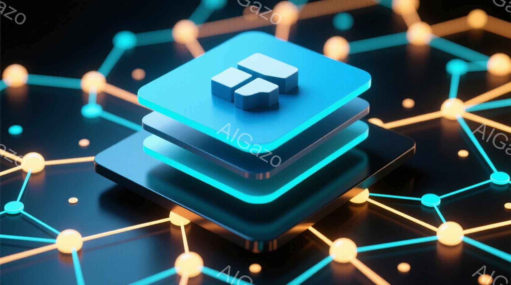 鮮やかなターコイズブルーの積み重ねられた正方形のオブジェクトが中心に配置され、発光するネオンブルーの縁取りが施されている。背景は暗いグレーで、輝くオレンジ色の光の線が複雑なネットワークを形成している。 - AI生成フリー素材