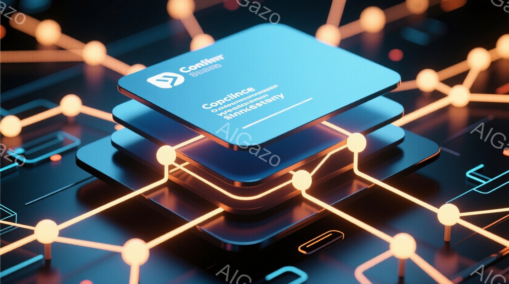 この画像は、未来的な回路基板を表現した3Dレンダリングです。明るいオレンジ色の光が回路を流れ、黒色の基板と鮮やかなコントラストを作っています。幾何学的な形状と光の反射が、テクノロジーと革新的な雰囲気を強調しています。