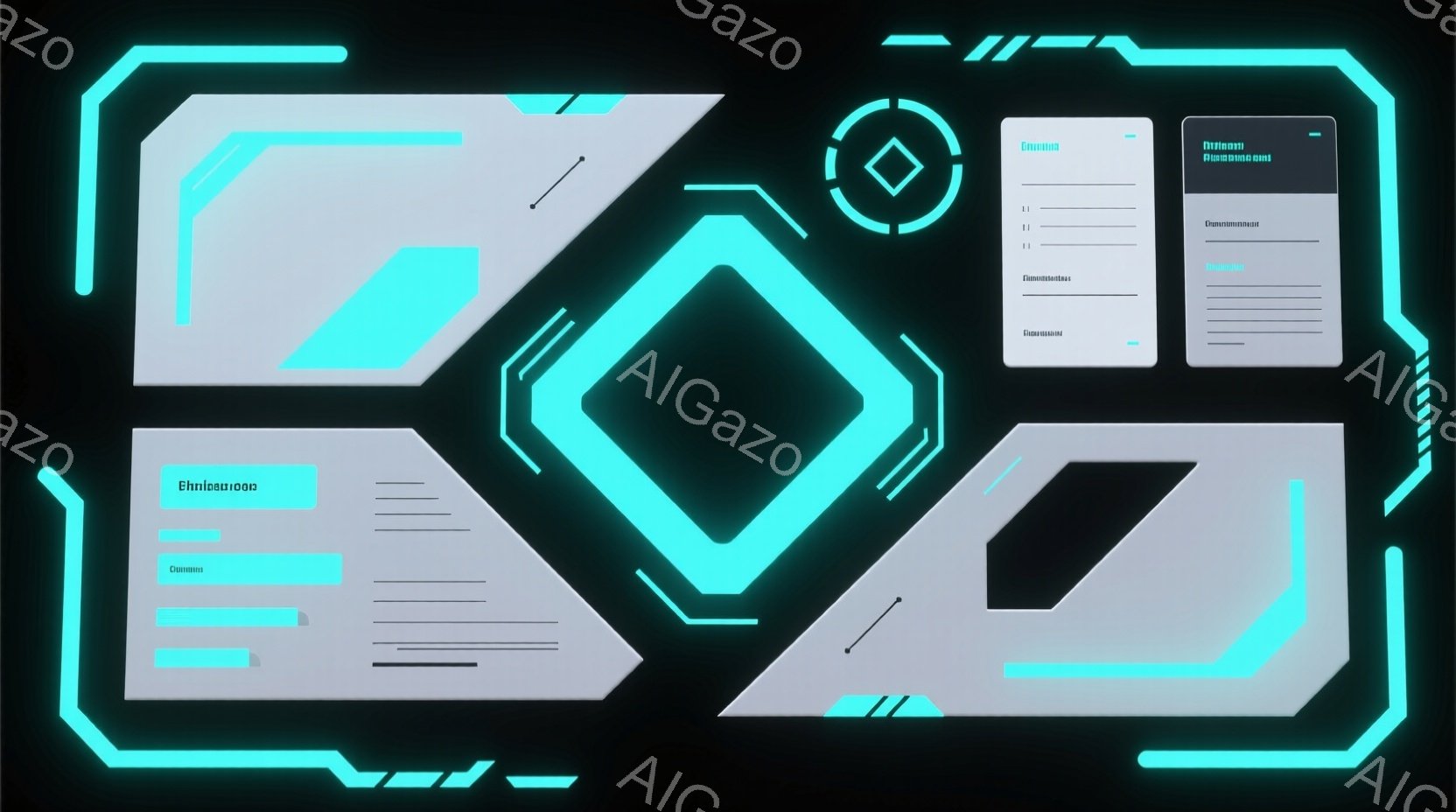 鮮やかな水色のネオン光が発する幾何学的なフレームが特徴的な画像です。中央には暗い背景に浮かぶ白い菱形のシルエットがあり、未来的なインターフェースやテクノロジーを連想させます。全体的にクールでミニマルな印象を与え、サイバーパンクやSF作品の世界観を彷彿とさせます。