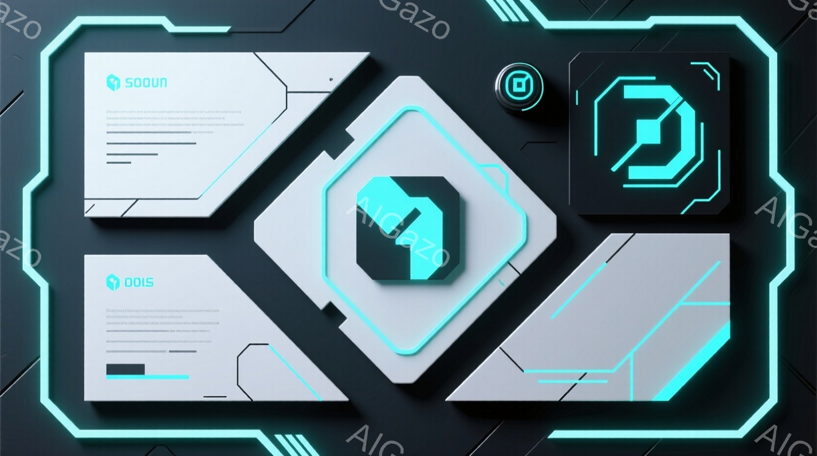 鮮やかなターコイズブルーのネオンライトが、黒い背景に浮かび上がる未来的なデザインが印象的です。幾重にも重なった角ばったパネルが奥行きを演出し、中央には黒色のロゴが配置されています。全体として、クールでテクノロジー感あふれる雰囲気を醸し出しており、サイバーパンクやゲームの世界観を彷彿とさせます。