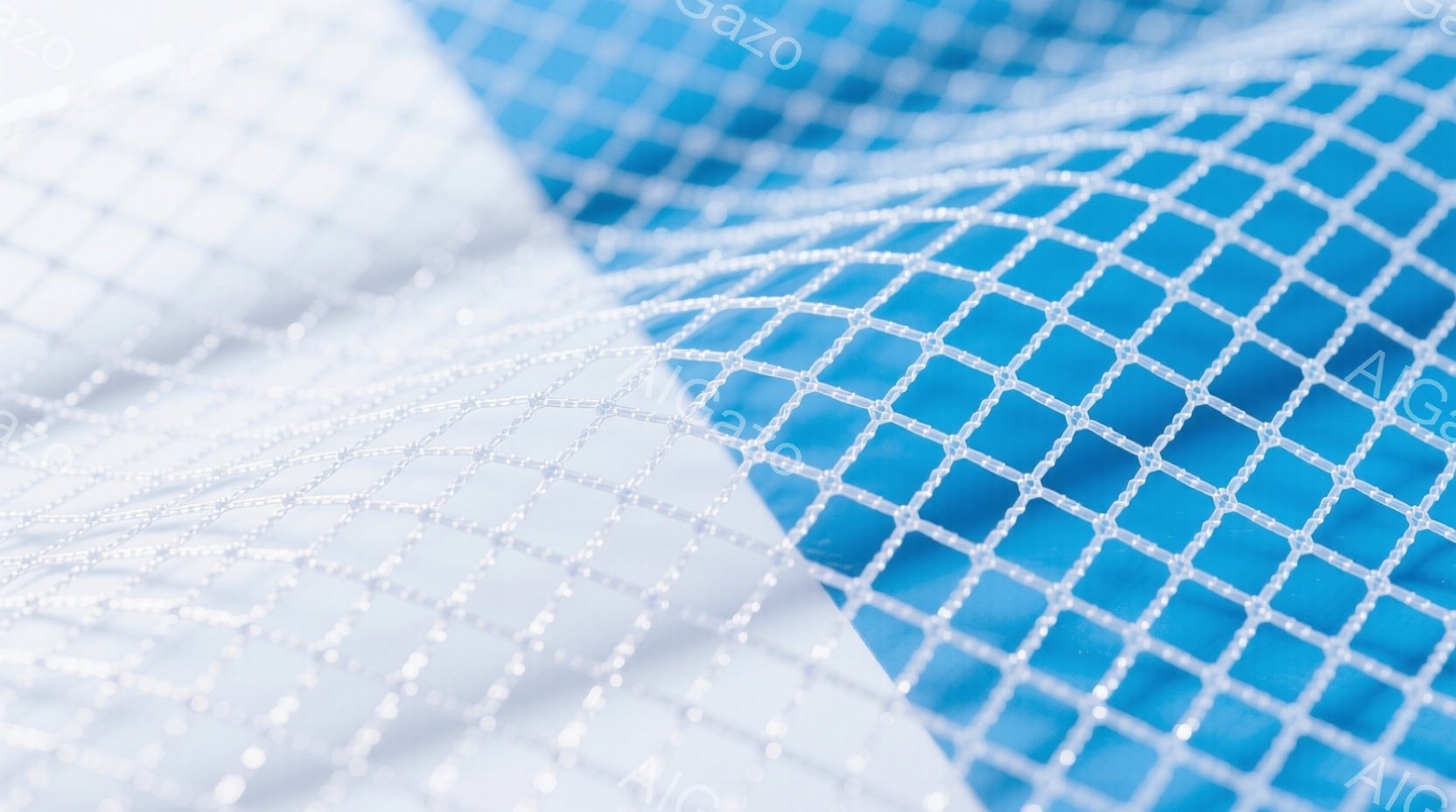 この画像は、水色の背景の上に置かれた白いレース模様の布地をクローズアップしたものです。布地は細かな網目状で、光が透過し、テクスチャが強調されています。背景は鮮やかな水色で、布地の白さを際立たせ、全体的 - AI生成フリー素材