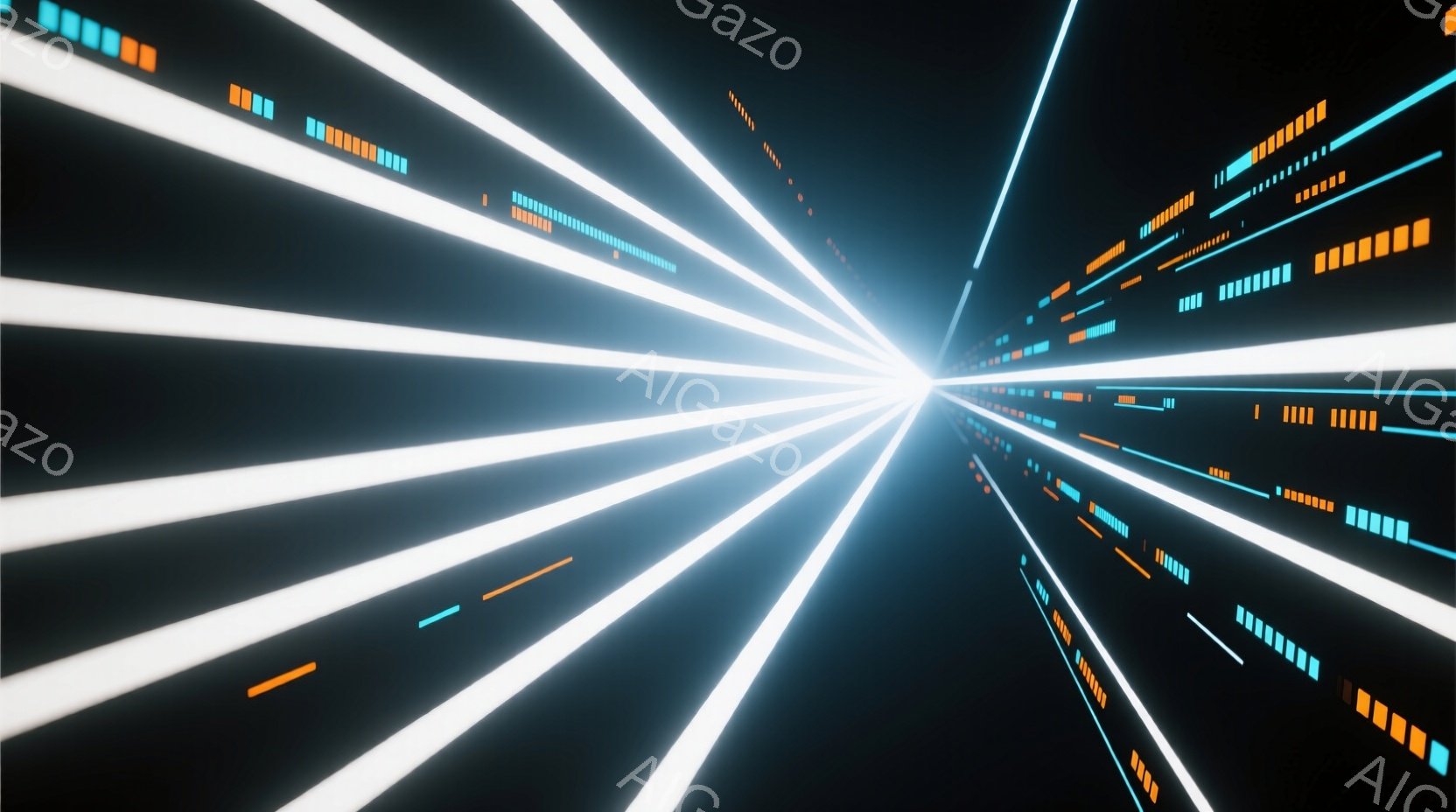 この画像は、強い光の線が収束する未来的なトンネルの視点を示しています。明るい白い線が中央に向かって勢いよく伸び、途中に青やオレンジ色の細い線が散りばめられています。全体的に、スピード感と奥行きを感じさせる、デジタルな雰囲気の画像です。
