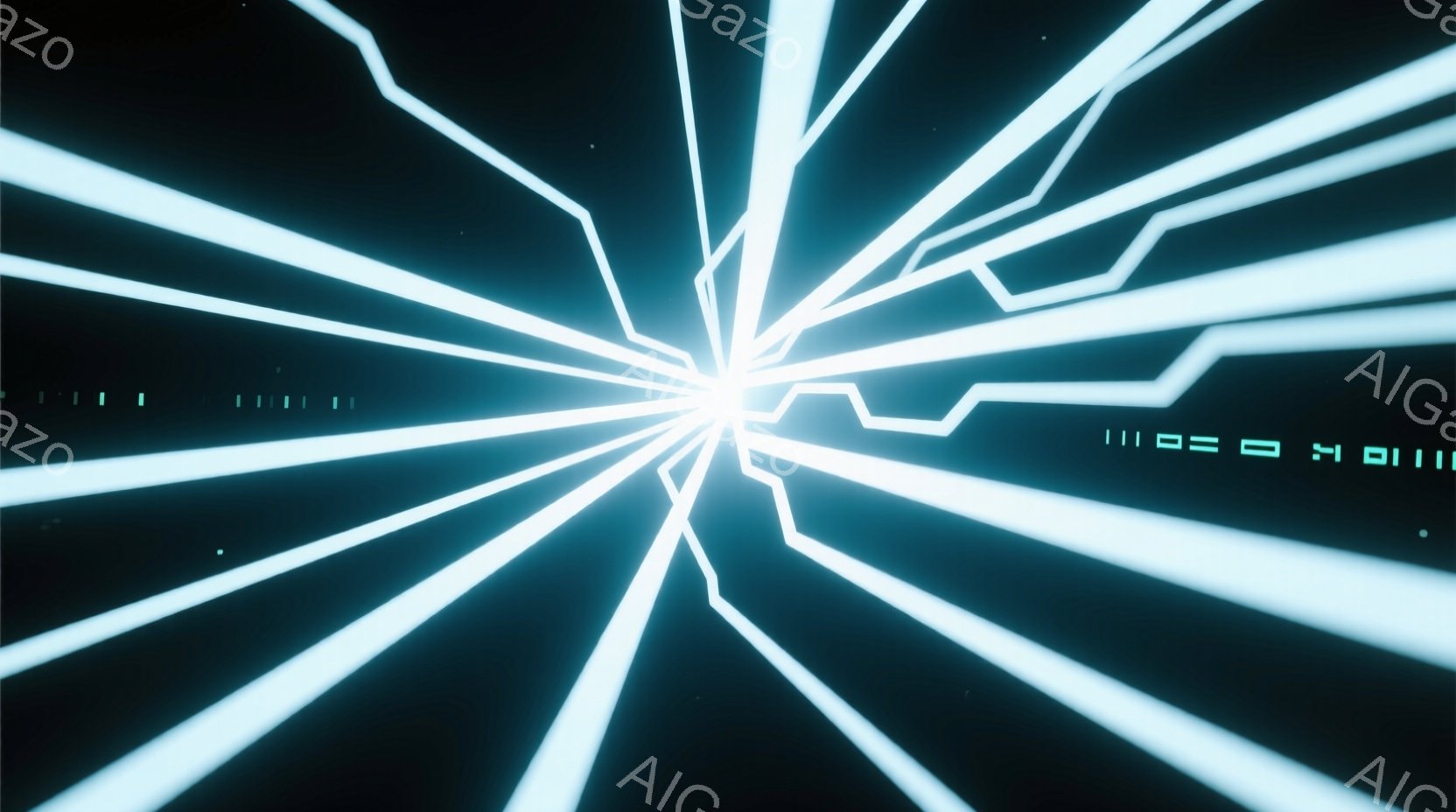 鮮やかな青白い光線が中心から放射状に広がっており、まるで高速で移動するトンネルのような視覚効果を生み出しています。背景は暗闇で、遠くにぼんやりと線状の光が確認でき、まるで宇宙空間を駆け抜けるような感覚を与えます。全体的に未来的な、エネルギーに満ちた雰囲気です。