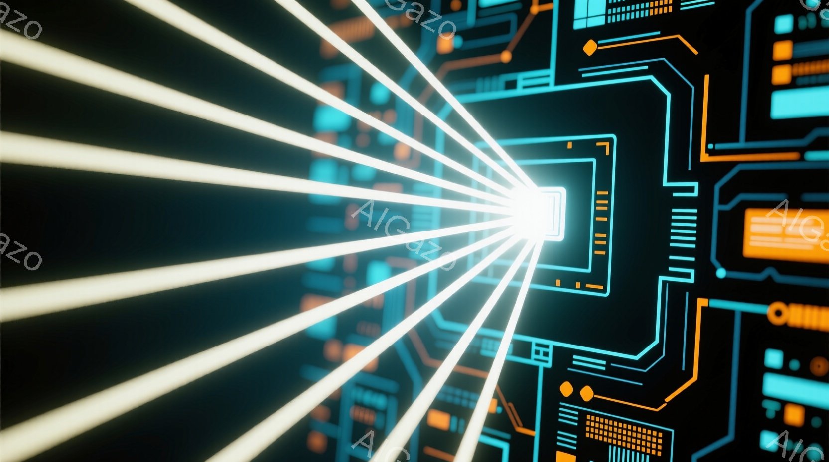 この画像は、暗い背景に複雑な回路基板が描かれており、中心から放射状に伸びる光線が特徴的です。基板は青とオレンジの配色で、未来的な印象を与えます。光線は基板のパターンに沿って伸びており、エネルギーの流れ - AI生成フリー素材