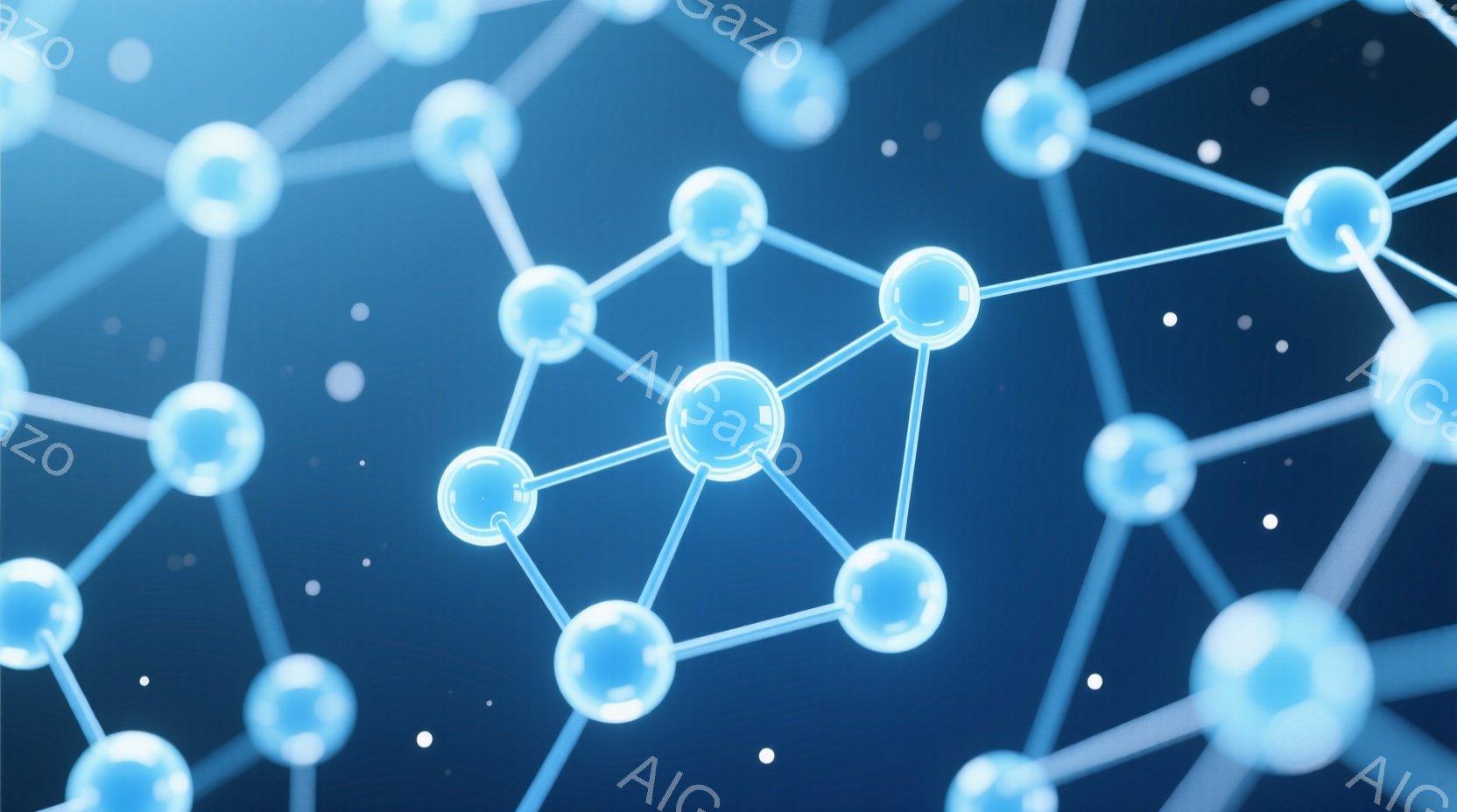 この画像は、明るい青色の背景に、光沢のある球体と白い線で構成されたネットワークが描かれています。球体は互いに繋がり、複雑な構造を作り出しており、全体的に未来的な印象を与えます。まるで分子構造やニューラルネットワークを想起させるような、科学的で抽象的なイメージです。