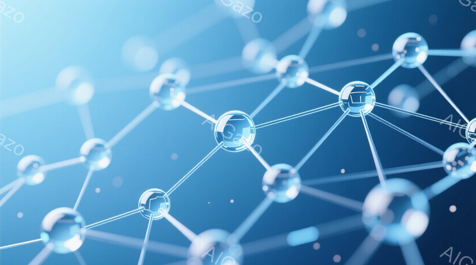 この画像は、青色のグラデーションを背景に、白く輝く球体と線で構成されたネットワークが描かれています。球体はまるで原子や分子のように見え、線はそれらを繋ぐ結合を表現しているようです。全体的に未来的な雰囲気で、科学技術や情報ネットワークを想起させます。