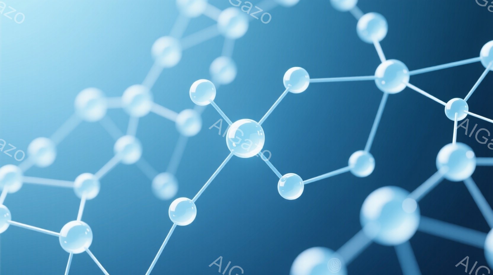 この画像は、青色のグラデーションを背景に、透明な球体と白い線で構成された分子構造のネットワークを描いています。球体は互いに接続され、まるで化学結合のような印象を与え、科学的またはテクノロジー的なテーマを示唆しています。全体として、クリーンでミニマルな印象を与え、革新性や未来的なイメージを喚起します。