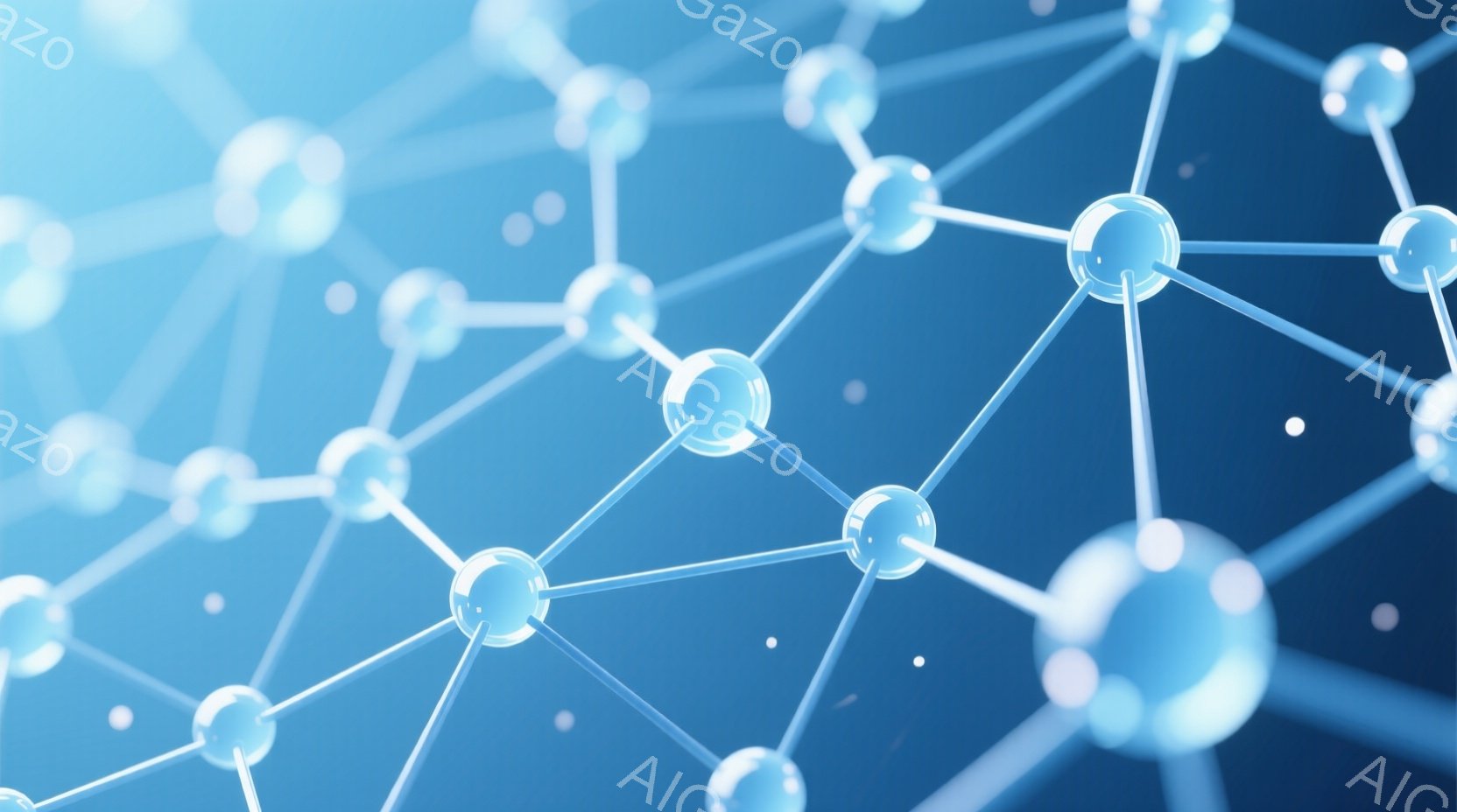 この画像は、青い背景に、互いに接続された透明な球体で構成されたネットワーク構造を描写しています。球体は細い線で結ばれ、あたかも原子や分子のつながりを模倣しているかのような印象を与えます。全体的に、科学、テクノロジー、あるいは抽象的なつながりを象徴するような、未来的でクリーンな雰囲気を醸し出しています。