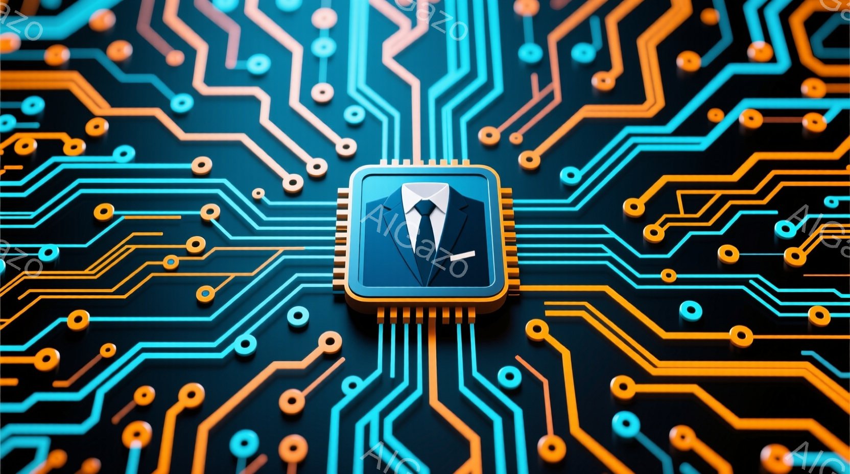 この画像は、チップ（集積回路）の中に身なりが整った男性の顔が描かれています。男性はダークスーツと白いシャツを着ており、表情は読み取れませんが、ビジネスマンのような印象を与えます。背景は複雑な回路図のような模様で、オレンジとターコイズブルーのラインが組み合わさり、未来的なテクノロジーの雰囲気を醸し出しています。