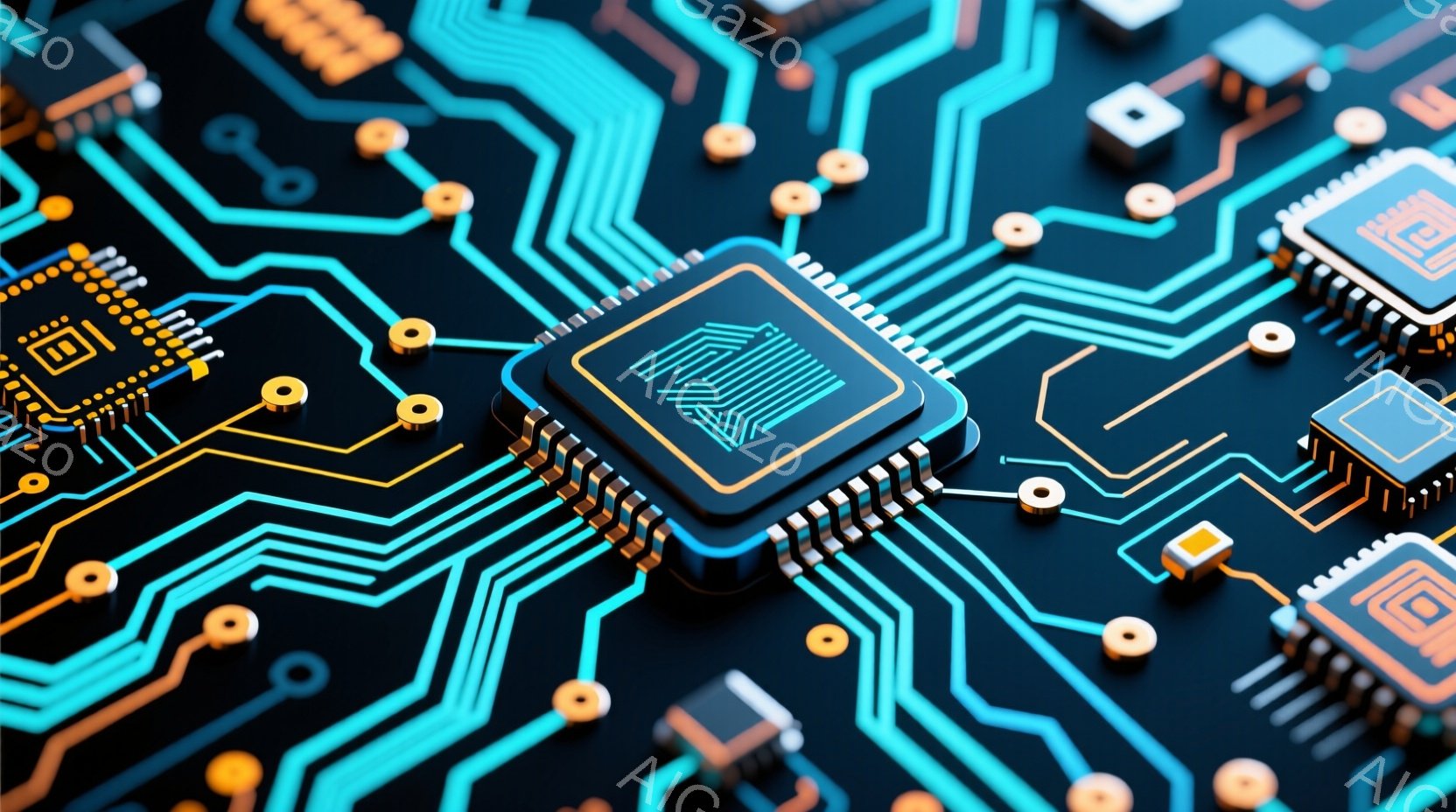 この画像は、複雑な回路基板をクローズアップしたもので、鮮やかなターコイズブルーとゴールドの線が特徴的です。さまざまな電子部品が密集しており、中央には大きなICチップが配置されています。全体的に未来的な技術やデジタル世界の雰囲気を醸し出しています。