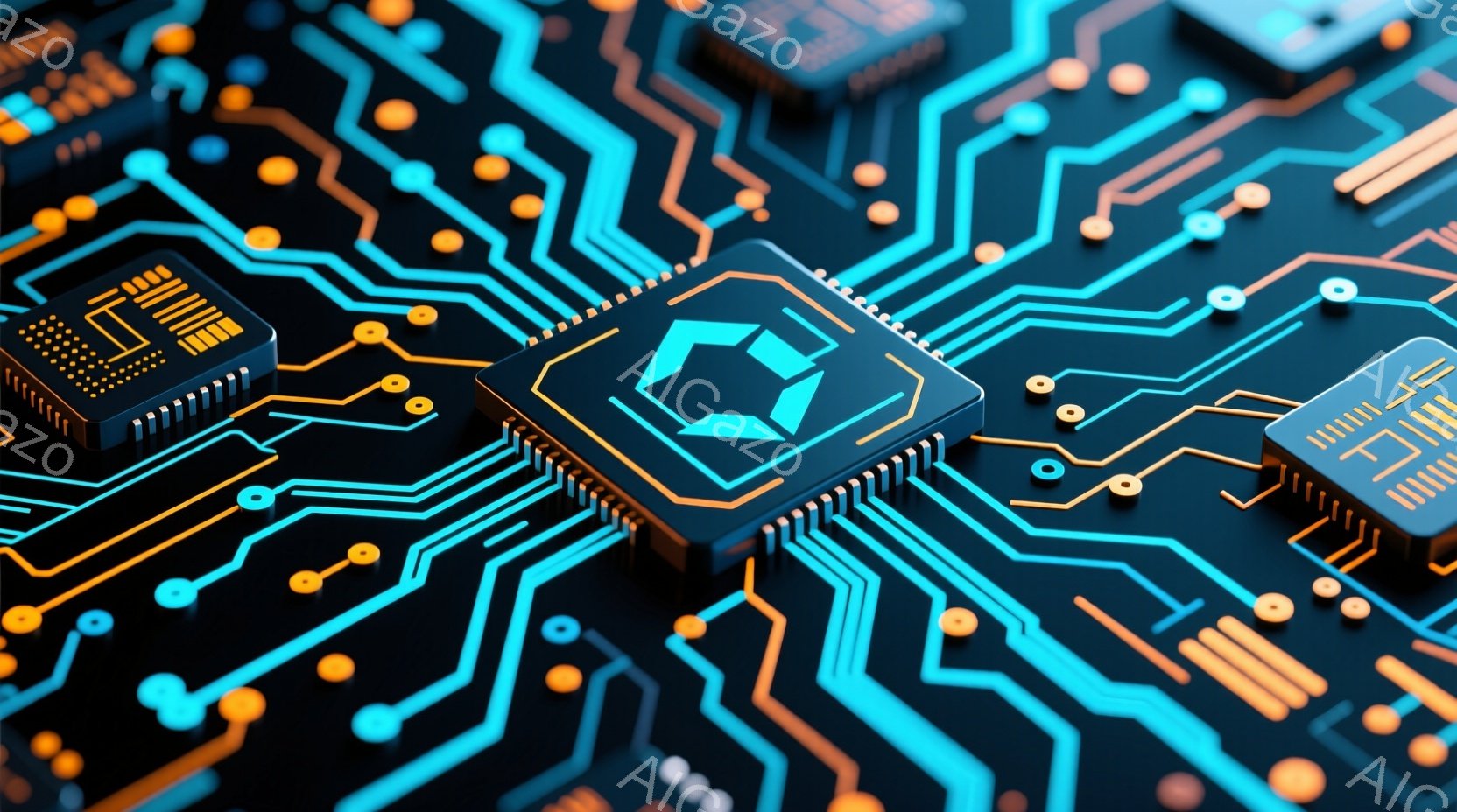この画像は、暗い背景に鮮やかなオレンジと青色の電子回路が複雑に配置された様子を捉えています。中央には、発光するような六角形のロゴが入ったチップが配置され、周囲には様々な電子部品が立体的に並んでいます。全体的に未来的な技術やデジタル世界のイメージを想起させる、洗練された雰囲気です。
