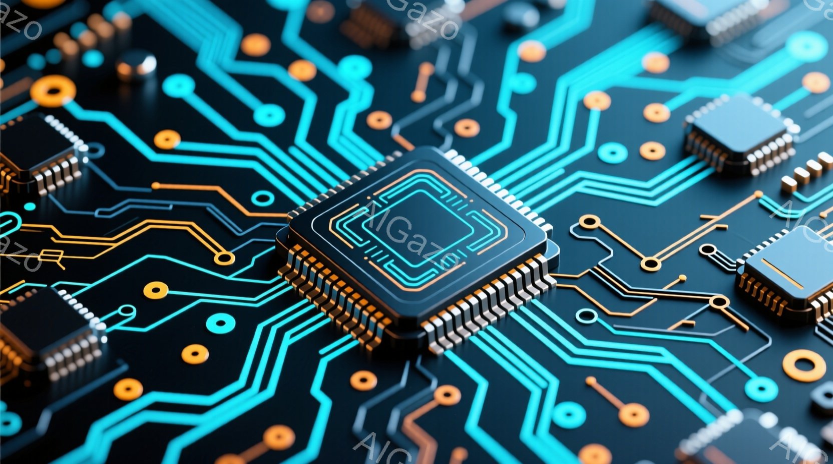 この画像は、暗い背景に鮮やかな青とオレンジ色の回路が複雑に描かれたプリント基板をクローズアップしたものです。中心には、金色の端子を持つ黒いマイクロチップが配置されており、技術的で未来的な雰囲気を醸し出しています。回路のパターンとチップの輝きが、高度な電子工学を想起させます。