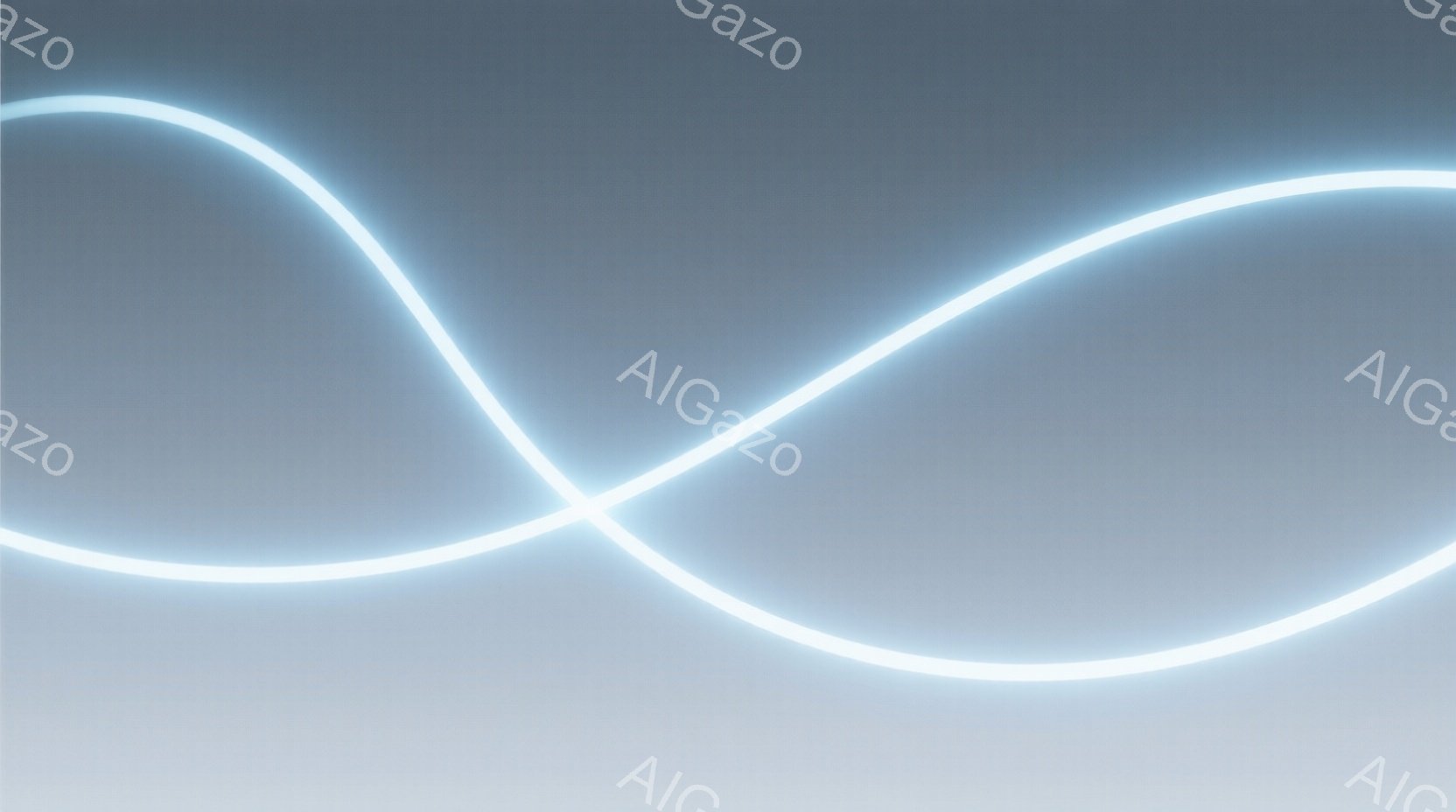 鮮やかな水色の光の線が、暗いグレーのグラデーションの背景の中を曲線的に交差している。光の線は、まるでエネルギーの流れや未来的な回路を連想させるような印象を与える。全体として、静かで神秘的な雰囲気を持ち、SF映画やデジタルアートの世界観を彷彿とさせる。