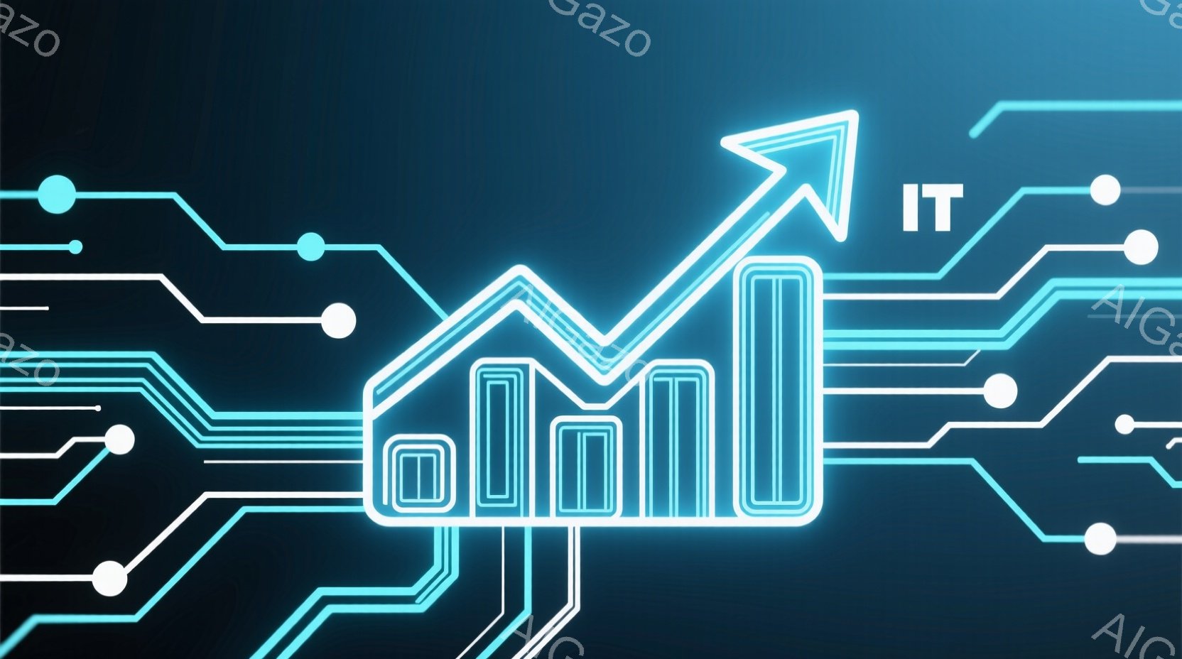 この画像は、青色の背景に白い線で描かれたグラフと回路基板のようなデザインが特徴的です。グラフは上昇傾向を示しており、成長や発展を象徴しているようです。全体的に未来的でテクノロジーを感じさせる雰囲気を持 - AI生成フリー素材